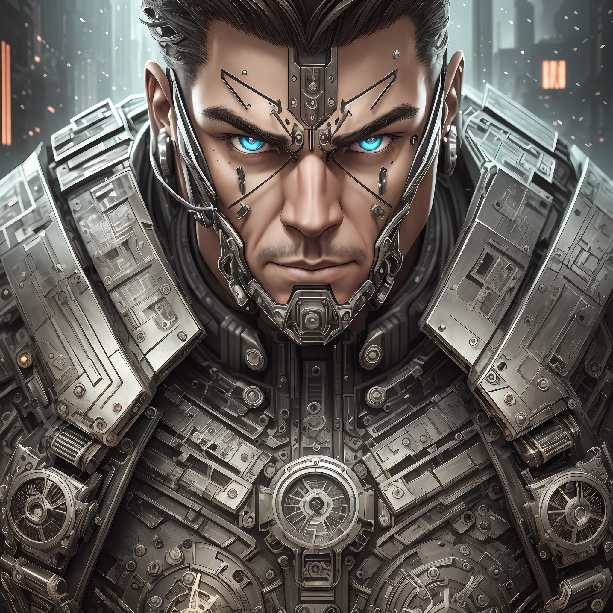 Muscular man | cute| cyborg| portrait| detailed face| symmetrical| steampunk| cyberpunk| cyborg | intricate detailed| scalar| hyperrealistic| cinematographic lighting| digital art| concept art| Style MDJRNY-V4 |8K --auto --s2