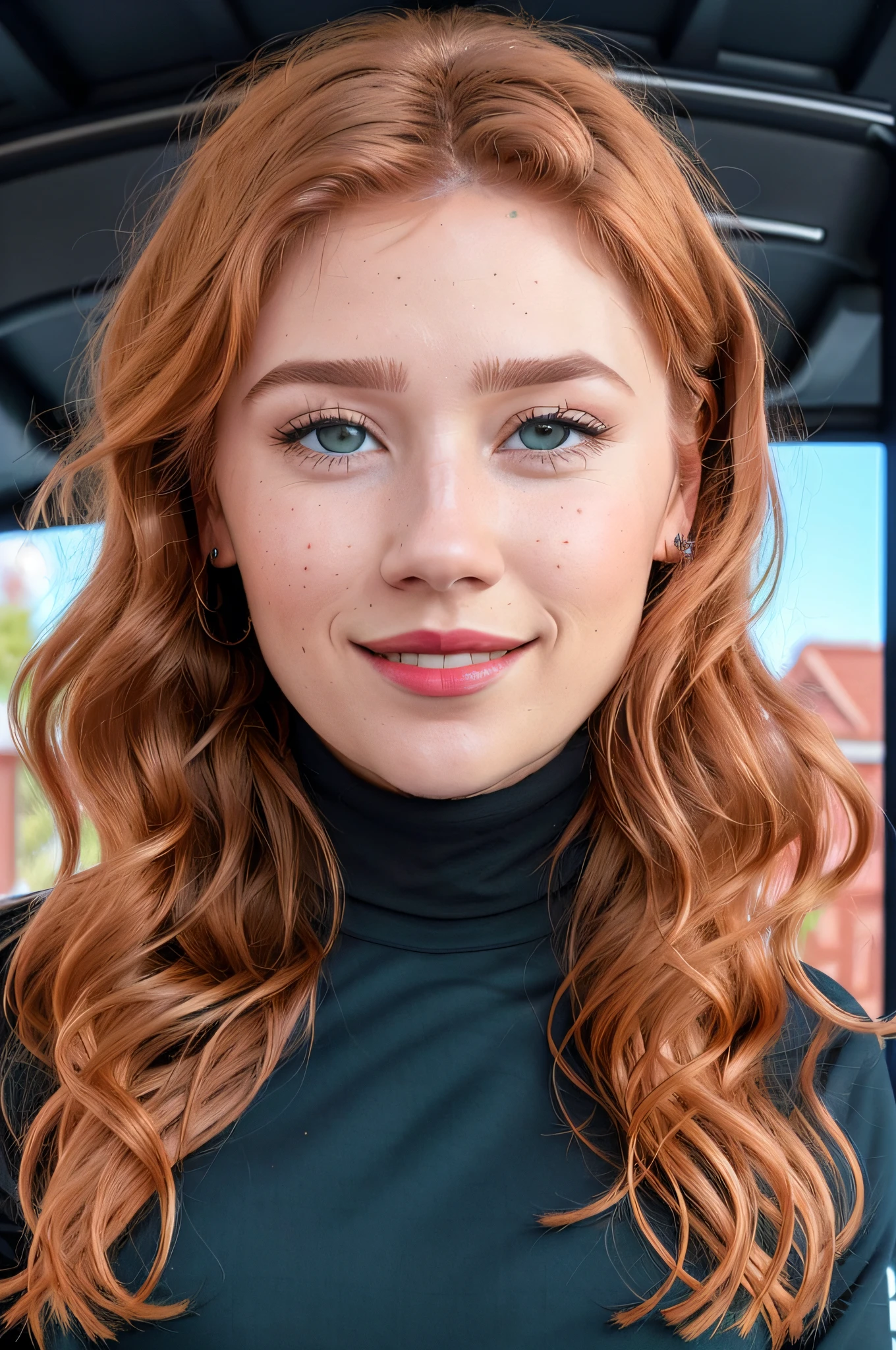 (high quality) (awarded) (full body portrait:1.2) photograph of girl (paliro:1.3) russian (redhead:1.1) 31yo, (black turtleneck shirt)) high background detailed black sceneario, (sweating: 0.5) medium breasts, blue-green realistic eyes, (lipstick: 0.7), smiling, small imperfections, (freckels: 0.3) sun, sun rays
Highly detailed perfect face, extra detailed shadow and light on hair and face, intricate and detailed realistic hair, photorealistic, soft colors (correct anatomy, realistic proportions), symmetrical face, symmetrical body, specialized shading and lighting, flawless perspective, center of interest, Fujifilm XT3,