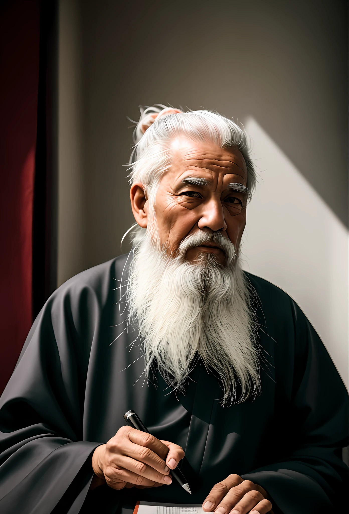 RAW photo of Chinese swindler, old man, beard and white hair, monk's robe, writing in hand, cinematic, small details, photorealistic, ultra-realistic photo, 8k uhd, dslr, soft lighting, high quality, all black background, front shot , looking at camera, profile, film grain, Fujifilm XT3, (masterpiece),