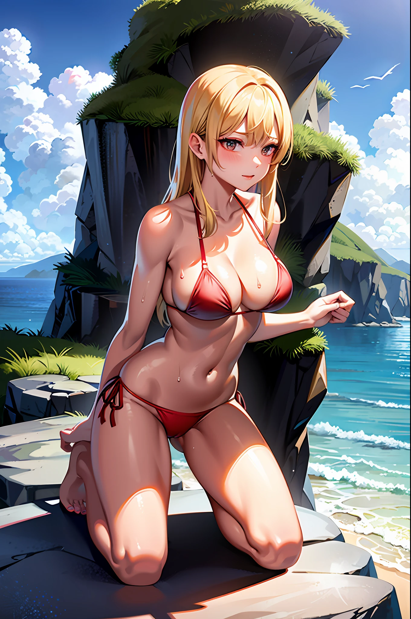 a woman on top of a rock at the beach using a red bikini, kneeling, with hands behind head, sensualizing, wet, with water running down the body, big oppai_ proportion, tight bikini, red thong, blonde, detailed bikini, 4k ocean