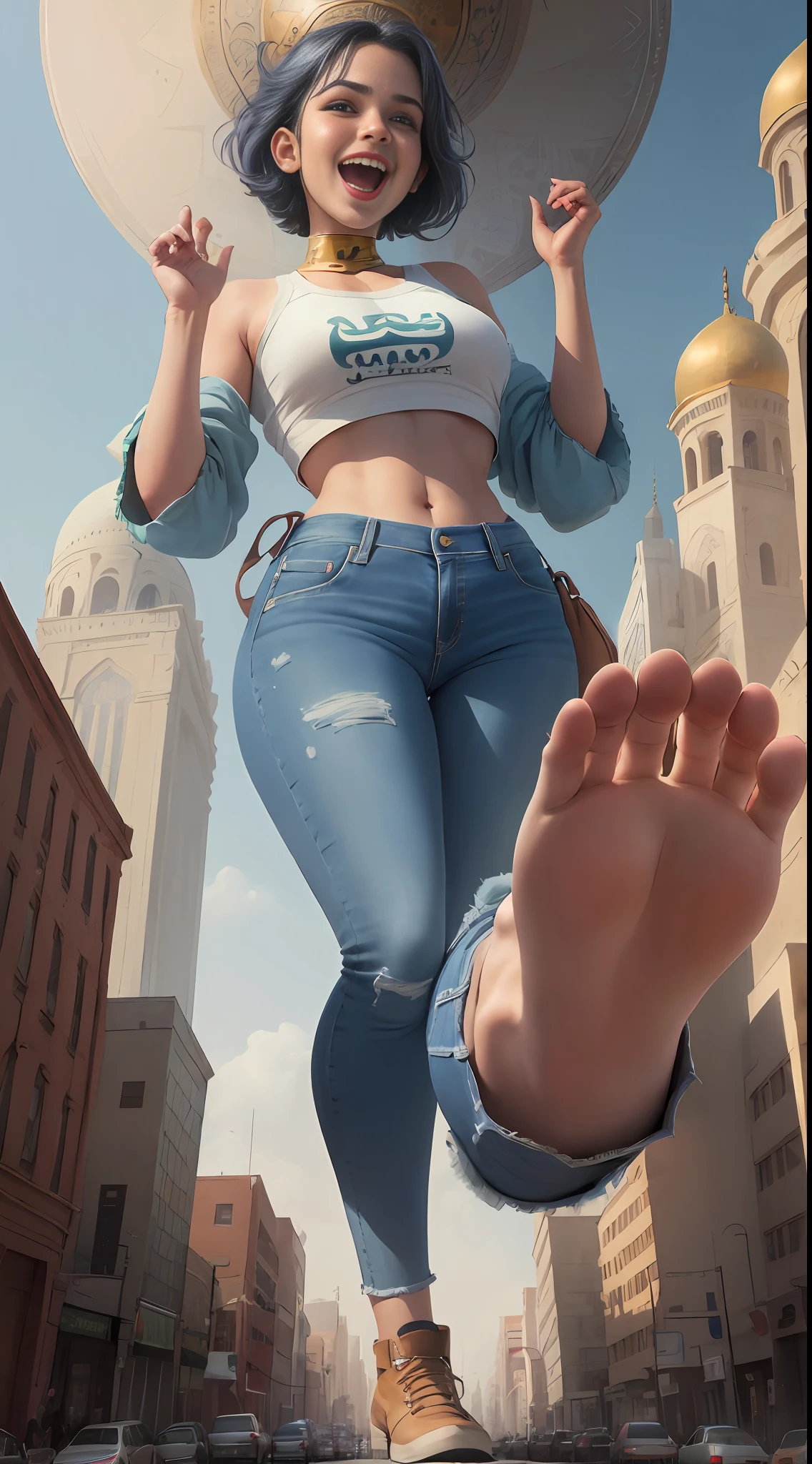 (masterpiece),(best quality),(giantess art),(giantess),(middle eastern city),(mosque),(full body),(crop top),(jeans),(blue colored short hair),(hands raised),(laughing),(towering over you:1.2),(feminist)