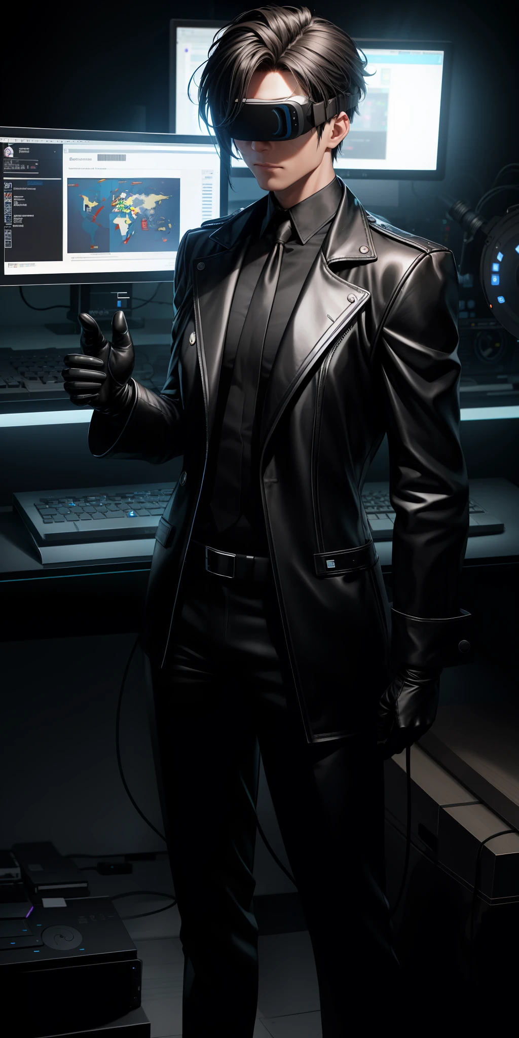 /imagine prompt: A lean man in black leather and gloves, wearing VR glasses, typing on a computer keyboard in a lab full of machines, with flashing lights projecting complex codes and virtual images, by 3D --niji 5