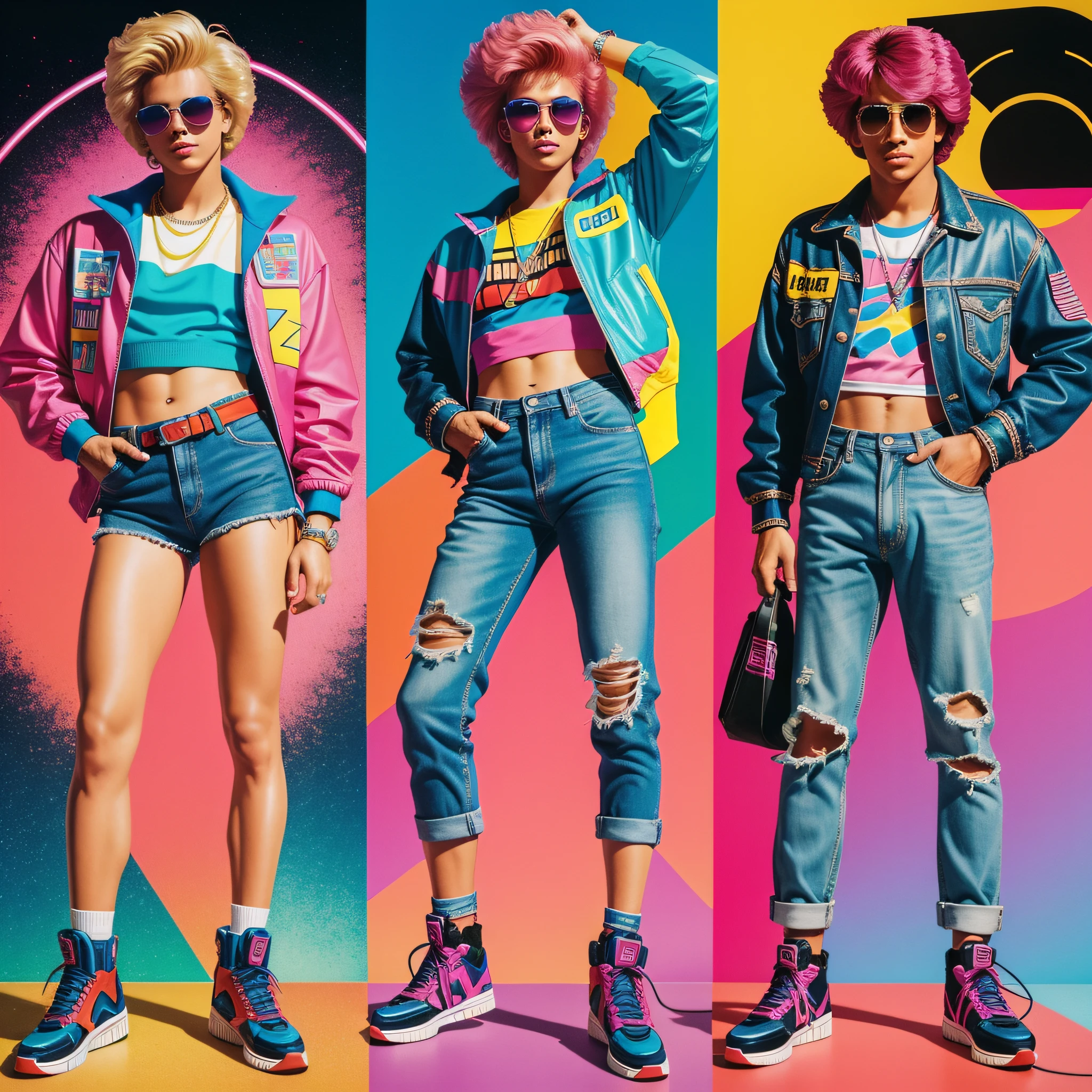 Radical energy, neon aesthetics, retro nostalgia, pop culture references, innovative style:0.2 dynamic portrayal of a man representing the 1980s in the United States, embodying the radical energy and vibrant spirit of that era. With neon aesthetics and a retro vibe, he exudes a sense of nostalgia and excitement. His fashion may showcase iconic 80s trends, such as bright-colored clothing, oversized jackets, ripped jeans, or flashy accessories. This image celebrates the pop culture references, innovative style, and technological advancements that characterized the 80s, from the rise of MTV and iconic movies to the emergence of video games and the fusion of music genres. It captures the essence of a transformative decade in American history, where individualism, creativity, and bold self-expression flourished