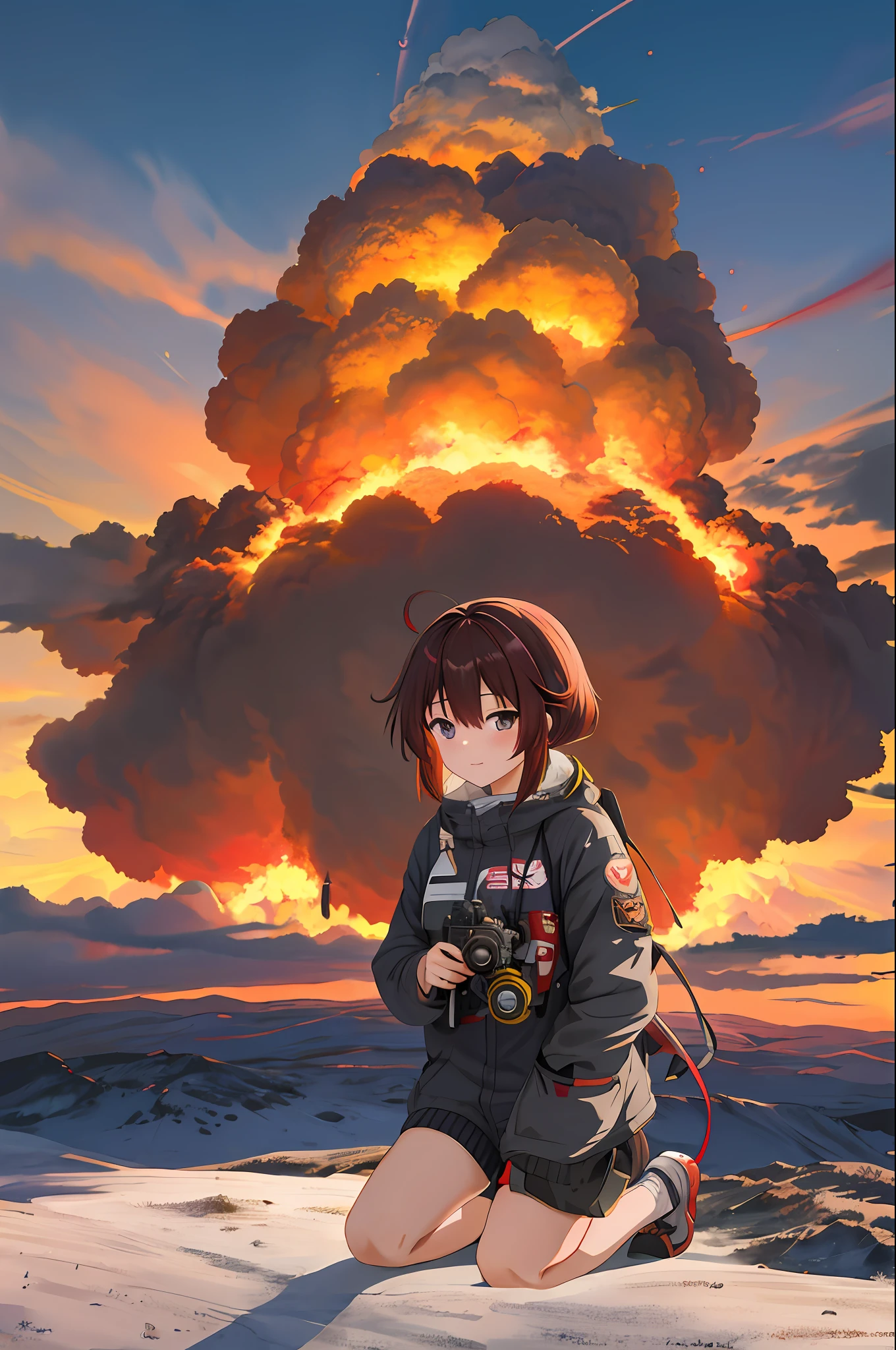 anime girl kneeling in front of a huge explosion of smoke, an anime drawing by Yuumei, pixiv contest winner, nuclear art, anime style 4 k, anime art wallpaper 4k, anime art wallpaper 4 k, 4k anime wallpaper, anime art wallpaper 8 k, anime wallpaper 4 k, anime wallpaper 4k, 4 k manga wallpaper