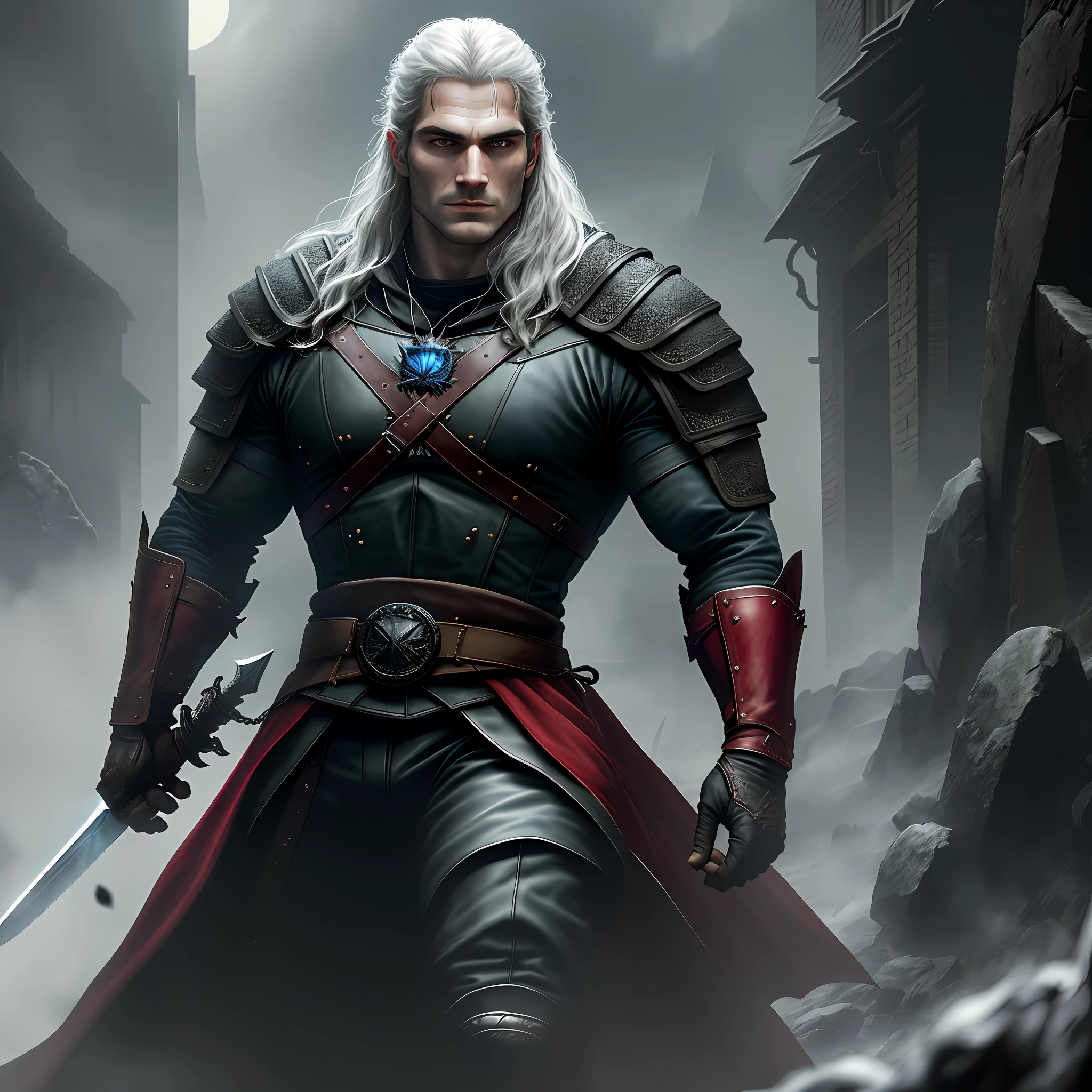 The Witcher, Henry Cavill, Henry Cavill's face, ultra quality Henry Cavill's face, full body, a sword on the back, holding in front of a witch, in front of a witch in the hand, black eyes, black eyes, {{{full body }}}, high quality dark background, highly detailed, high detail, ultra detailed, red light and cinematic blue, depth
