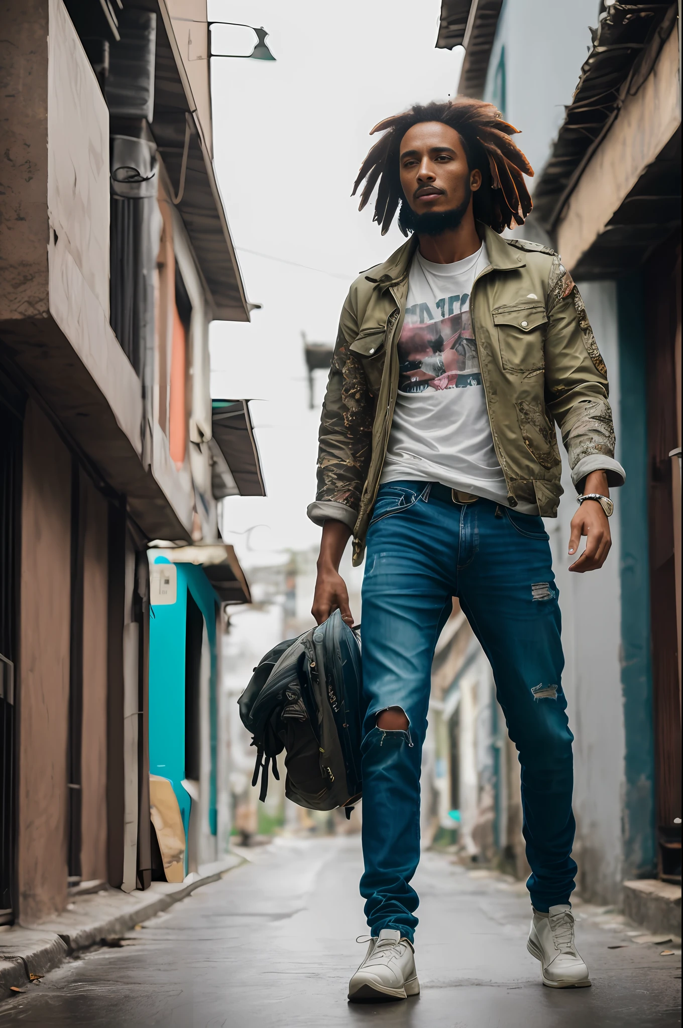 masterpiece, cyberpunk, Bob Marley walking down the alley of a Jamaican town at night, with torn clothes, mist, (high detail: 1 1), rough face, natural skin, beard, high quality, nsfw, beautiful eyes, (detailed face and eyes), (face: 1 2), noise, extra, real photo, PSD, lamp film photography, sharp focus, professional lighting, detailed skin, high resolution 8k, crazy detail, realistic, professional photography, 8k UHD, DSLR camera, diffuse lighting, high quality, grain film, Fujifilm XT3
