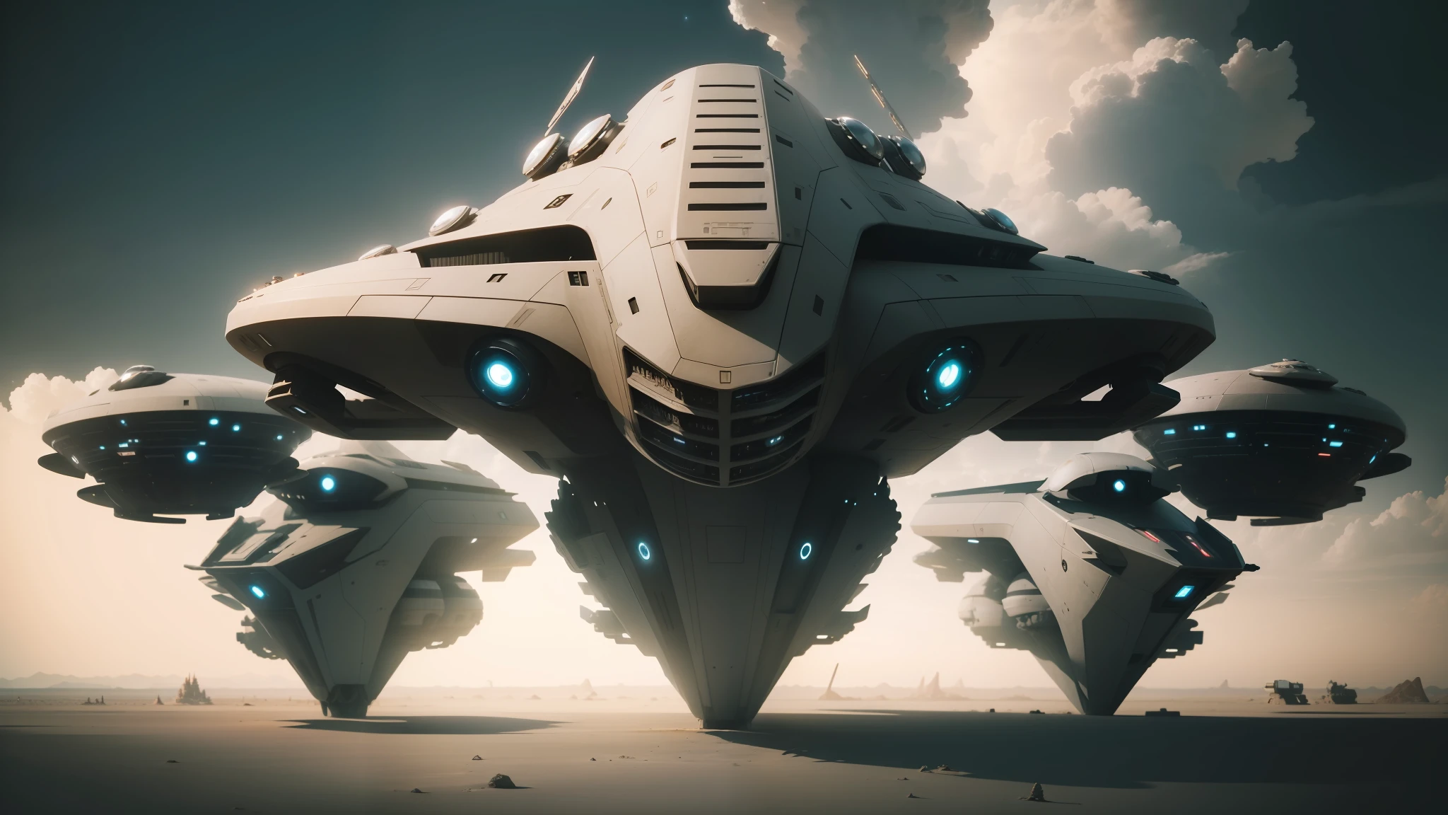 spaceships in a desert with a cloudy sky in the background, intelligent eyes. symmetrical, movie cgi, symetrical wings, inter dimensional clockwork, it has six thrusters in the back, rendering of checkmate, temples, pareidolia, extremely symmetrical, cerberus --auto --s2