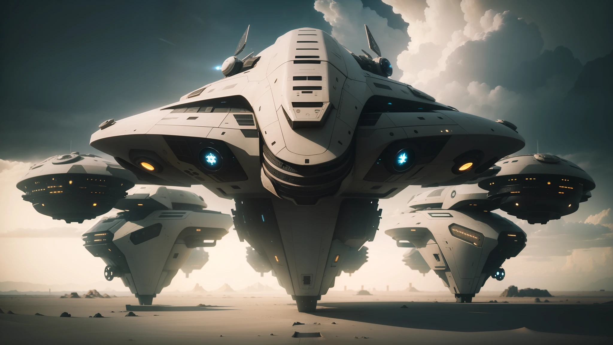 spaceships in a desert with a cloudy sky in the background, intelligent eyes. symmetrical, movie cgi, symetrical wings, inter dimensional clockwork, it has six thrusters in the back, rendering of checkmate, temples, pareidolia, extremely symmetrical, cerberus --auto --s2