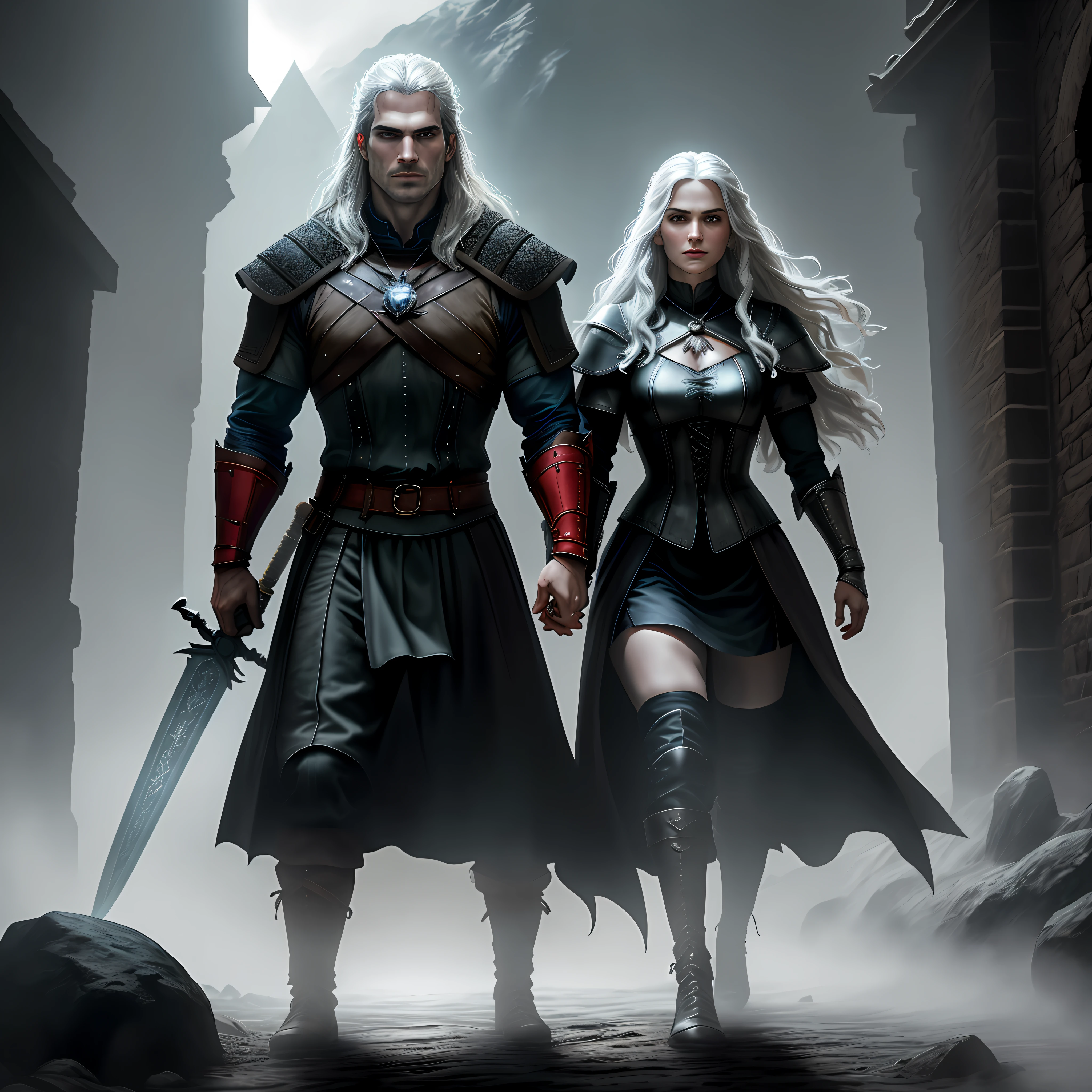 The Witcher, Henry Cavill, Henry Cavill's face, ultra quality Henry Cavill's face, full body, a sword on the back, holding in front of a witch, in front of a witch in the hand, black eyes, black eyes, {{{full body }}}, high quality dark background, highly detailed, high detail, ultra detailed, red light and cinematic blue,  depth