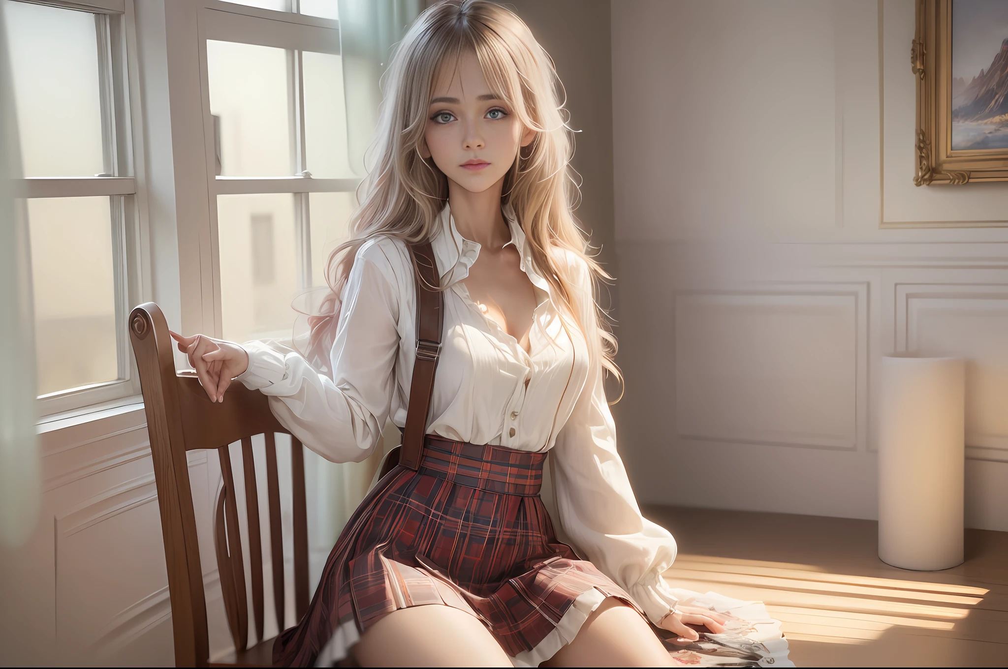 (Super Detail CG Unity 8k Wallpaper: 1.5),< (Masterpiece:1.5), (Best Quality:1.7), High Resolution Illustration, (Eye for Detail and Face of Detail:1.3), (Details:1.3, Best Quality), (Very Delicate and Beautiful), (Very Delicate and Beautiful), (Illustration), (Painting),(Masterpiece:1.5),Cinematic Light,Dynamic Angle,Floating,Sharp Focus,(2D :1.7), (Best Quality: 1.3),(Illustration: 1.1),((disheveled hair:1.2),(Beautiful Eye of Details:1.1),(Cinematic Light:1.1),Nordic girl, wearing long clothes, sitting on a chair, bare waist, skirt lifting, skirt lifting, --auto --s2