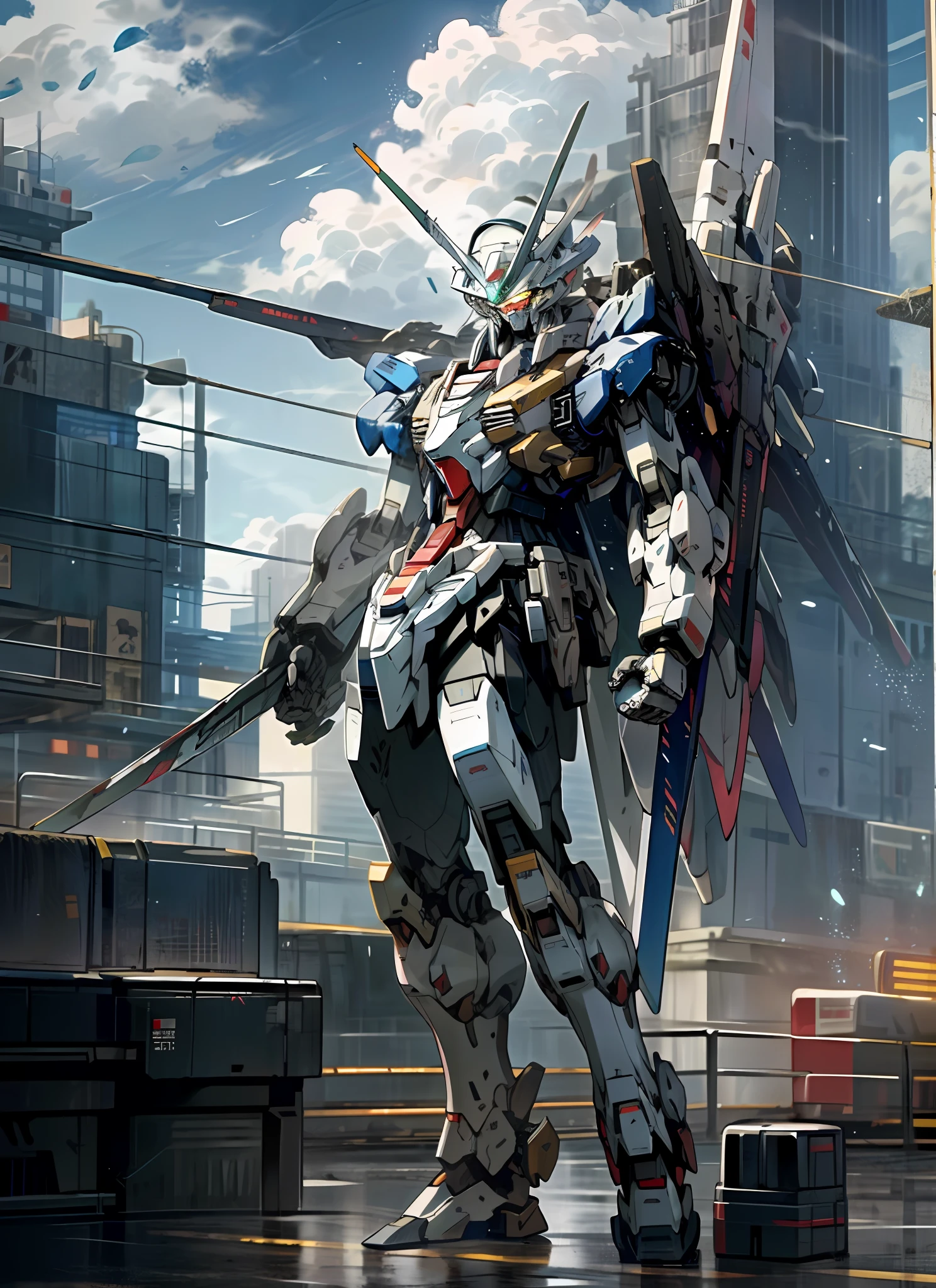 sky, clouds, holding_weapon, no_humans, glow, gundam, robot, full body, building, glowing_eyes, mecha, science fiction, city, reality, mecha,