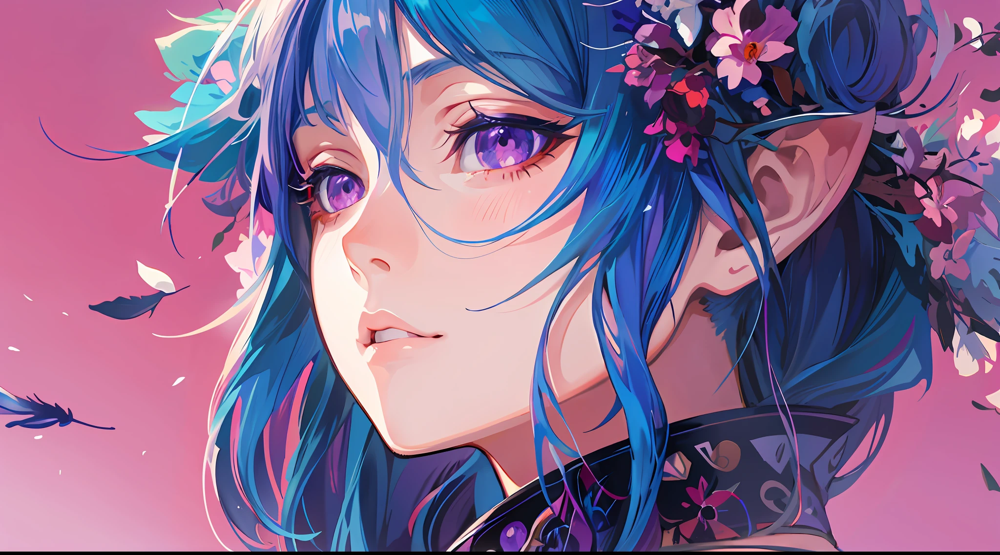 anime girl with blue hair and purple eyes with feathers in her hair, anime style 4 k, detailed digital anime art, anime art wallpaper 4k, anime art wallpaper 4 k, stunning anime face portrait, beautiful anime portrait, anime wallpaper 4k, anime wallpaper 4 k, detailed portrait of anime girl, digital anime art, 8k high quality detailed art
