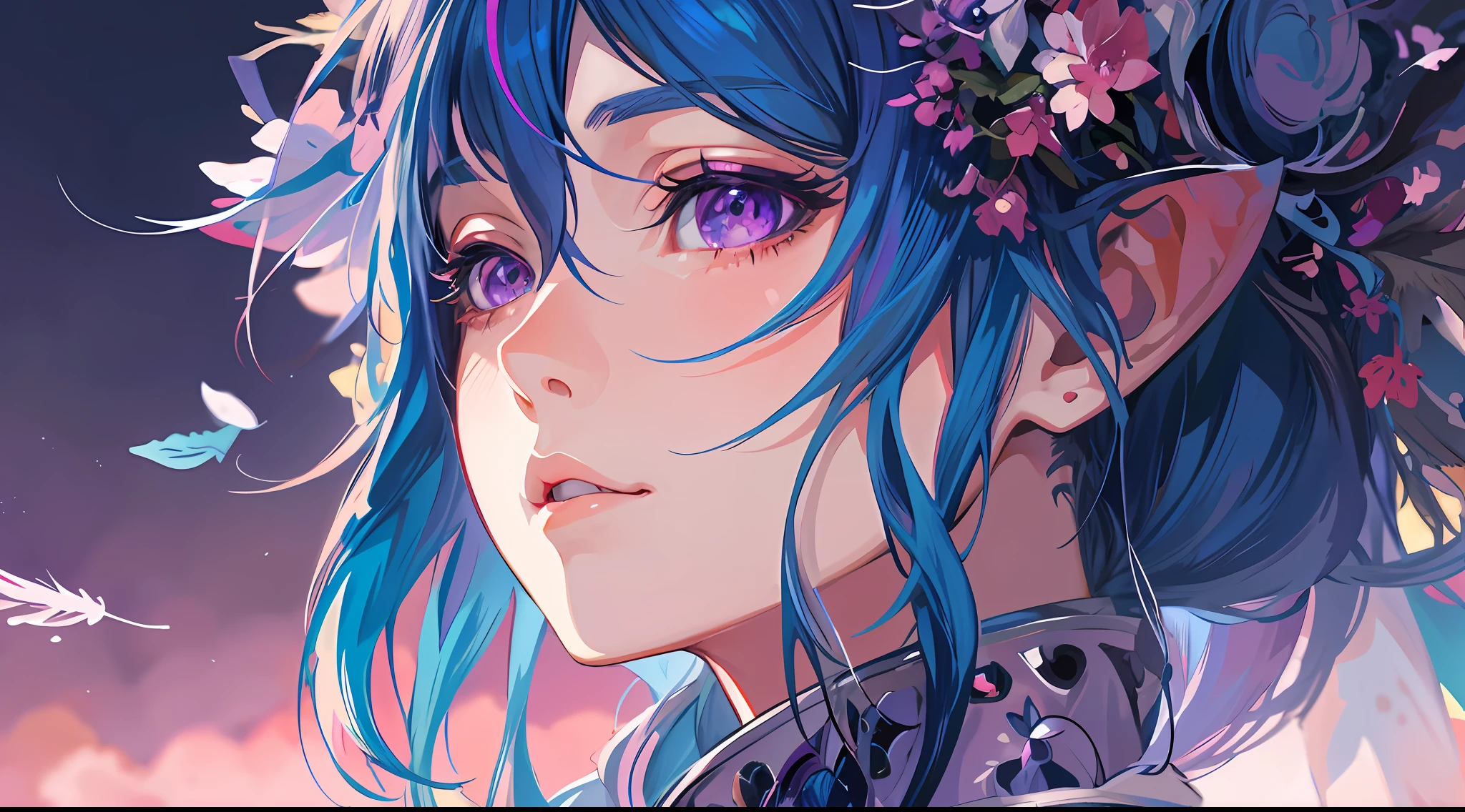 anime girl with blue hair and purple eyes with feathers in her hair, anime style 4 k, detailed digital anime art, anime art wallpaper 4k, anime art wallpaper 4 k, stunning anime face portrait, beautiful anime portrait, anime wallpaper 4k, anime wallpaper 4 k, detailed portrait of anime girl, digital anime art, 8k high quality detailed art