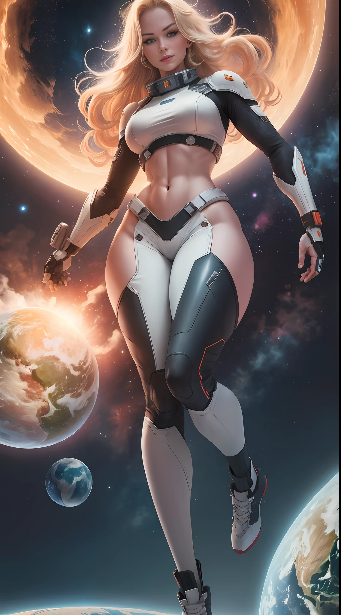 (((Towering over you))), giant woman in provocative crop top, blonde hair, smirking evilly, standing on a planet in space with her full body in view.