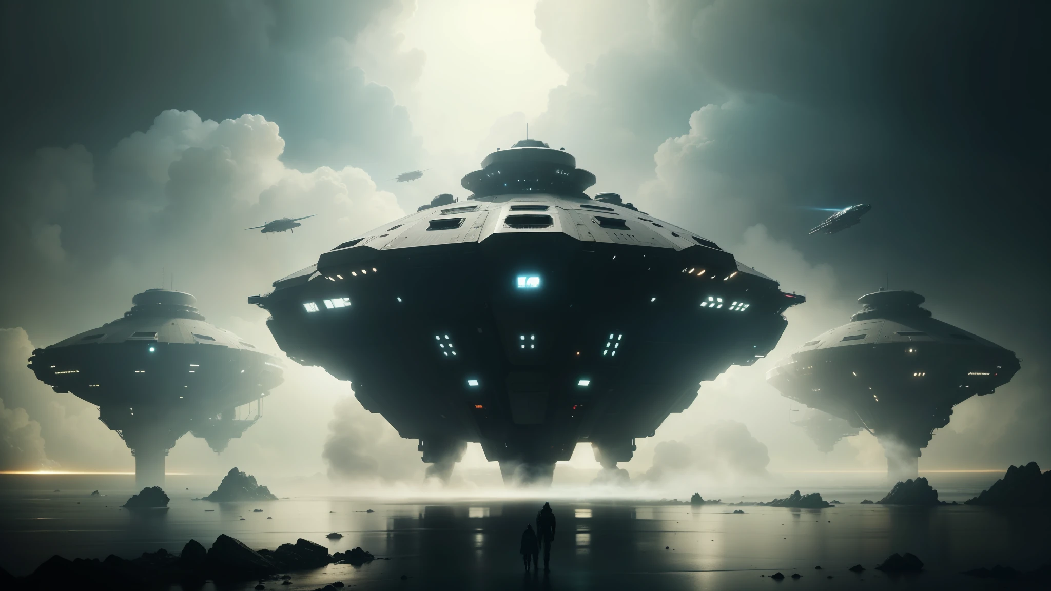 spaceships flying in the sky with a lot of smoke coming out of them, from a 2 0 1 9 sci fi 8 k movie, promotional image, the mothership, dreadnought, still from a music video, geoffroy thoorens, winning award image, cd cover artwork, idillic, passengers, dark setting --auto --s2