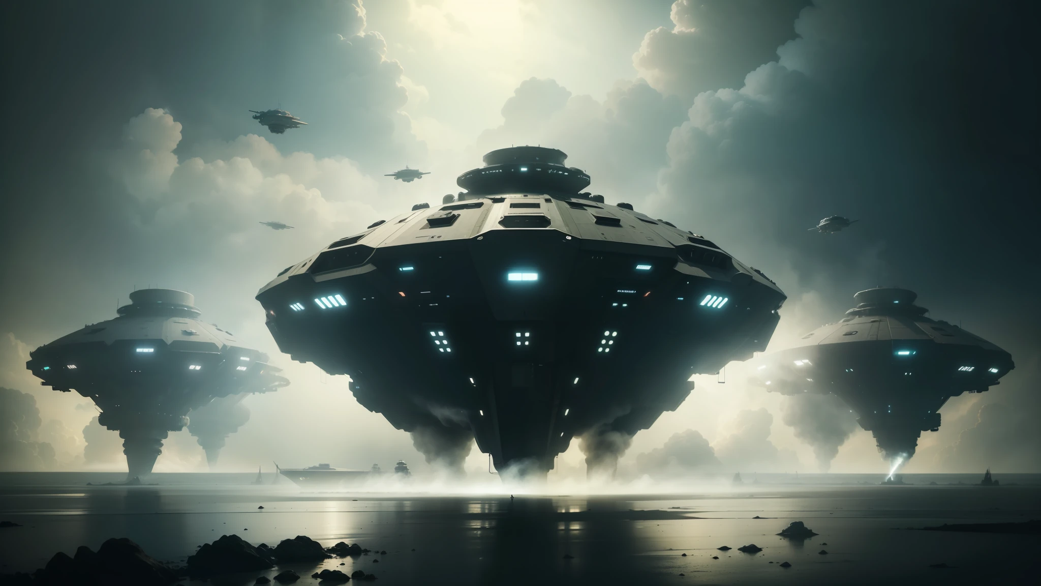 spaceships flying in the sky with a lot of smoke coming out of them, from a 2 0 1 9 sci fi 8 k movie, promotional image, the mothership, dreadnought, still from a music video, geoffroy thoorens, winning award image, cd cover artwork, idillic, passengers, dark setting --auto --s2