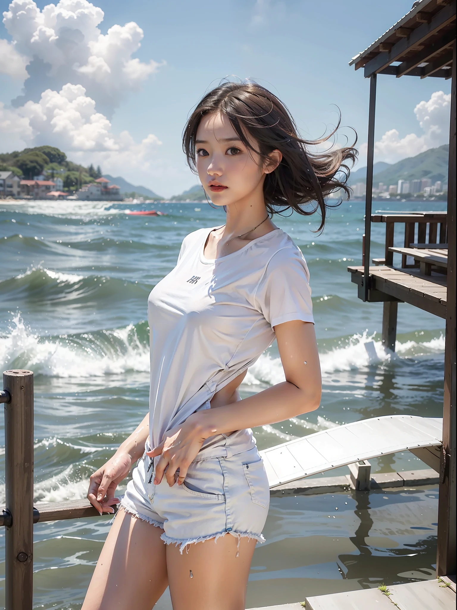 girl, masterpiece, photorealistic, swimsuit, white shirt, shorts, big, wet, windy, strong wind, wharf, sea, sunny