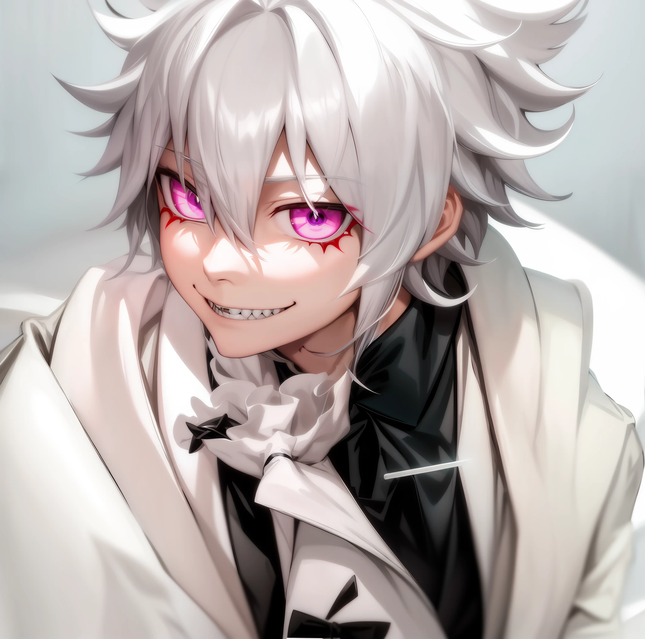 Anime Boy with white hair and black bow tie looking at the camera, Killua Zoldyck portrait, Nagito Komaeda, Hajime Yatate, Killua Zoldyck black hair, a crazy dark hair white details, white hair, Best Anime 4K Konachan wallpaper, anime key art, killua zoldyck, black hair, madness, insane, manic smile, joker, crazy smile, ((scar on face))