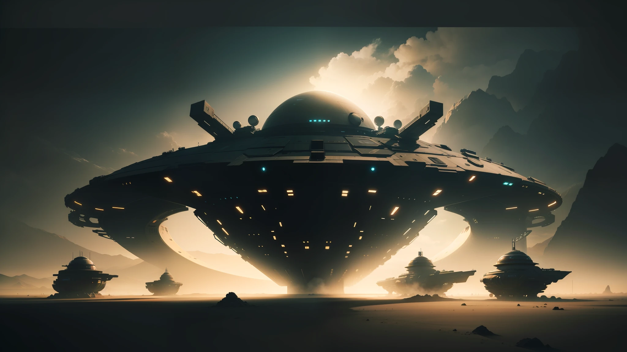 futuristic sci - fi art of a giant alien ship in a desert, symmetrical artwork. cinematic, google design, by Grillo Demo, inspired by Ludwik Konarzewski, stunning screensaver, from a 2 0 1 9 sci fi 8 k movie, trending on artstaion, dark themes, beautiful dynamic shadows, rustic yet enormous scp (secure --auto --s2