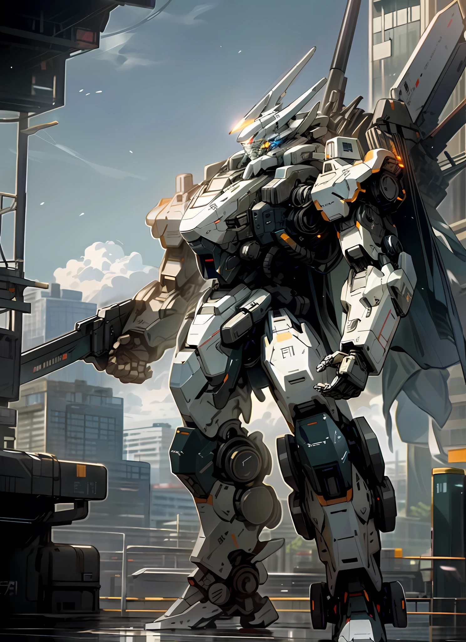 Sky, Clouds, holding_weapon, no_humans, Glow, Robot, Full Body, Architecture, glowing_eyes, Mecha, Science Fiction, City, Reality, Mecha
