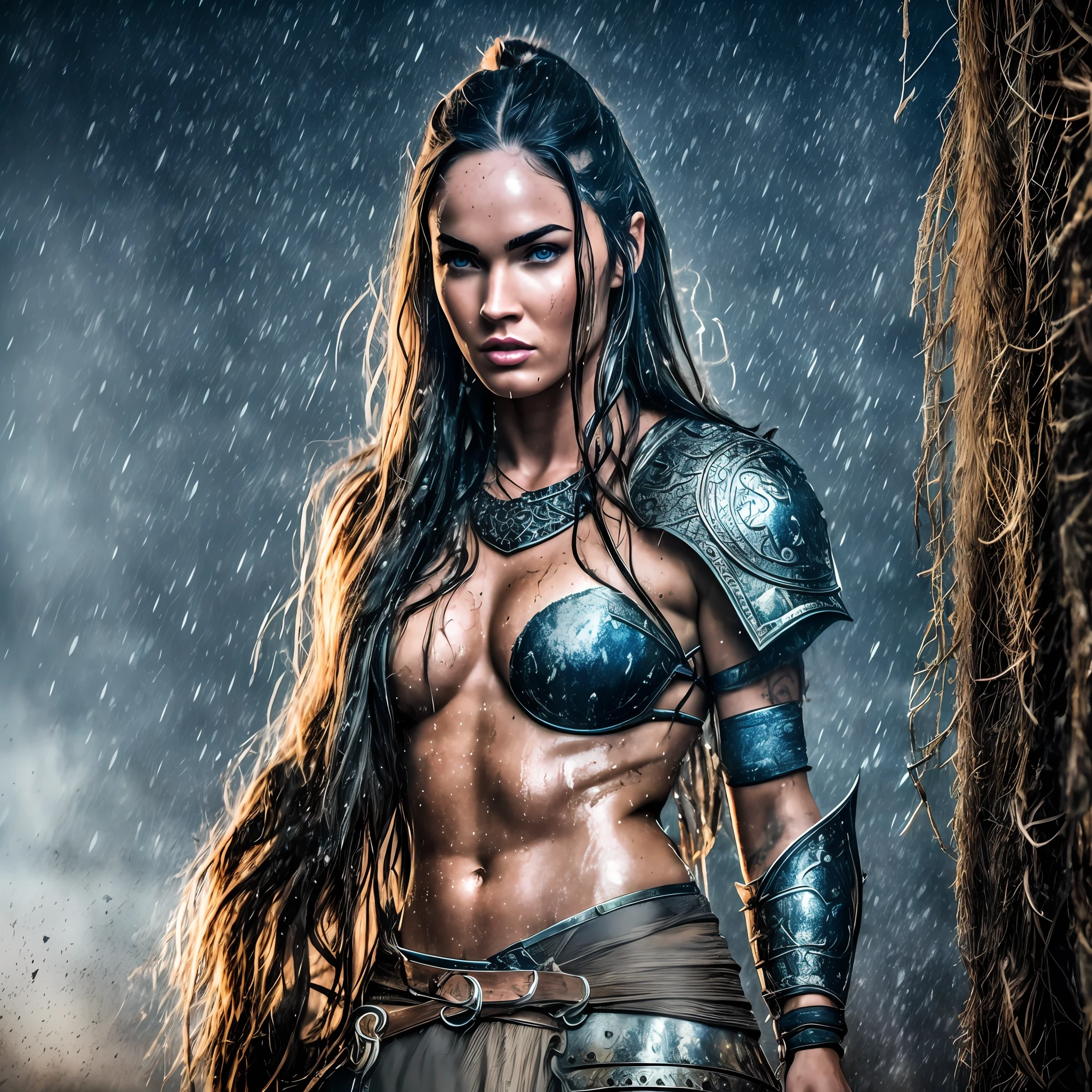 Megan Fox viking version, viking hairstyle, warrior, armor, sweaty body and face, dirty, captivating, wet, big chests, bright blue eyes well detailed, viking village, rain, photo awarded by lee jeffries, kodak film photography, kodak lens portra 400 camera f1.6, extremely detailed, amazing, fine details, rich colors, realistic hyper realistic texture, dramatic lighting, unrealengine, trend in artstation,  cinestill 800 tungsten, looking for the viewer, realistic photo, RAW photo, TanvirTamim, high quality, high resolution, sharp focus, extremely detailed, cinematic effect, full body portrait style. --auto --s2