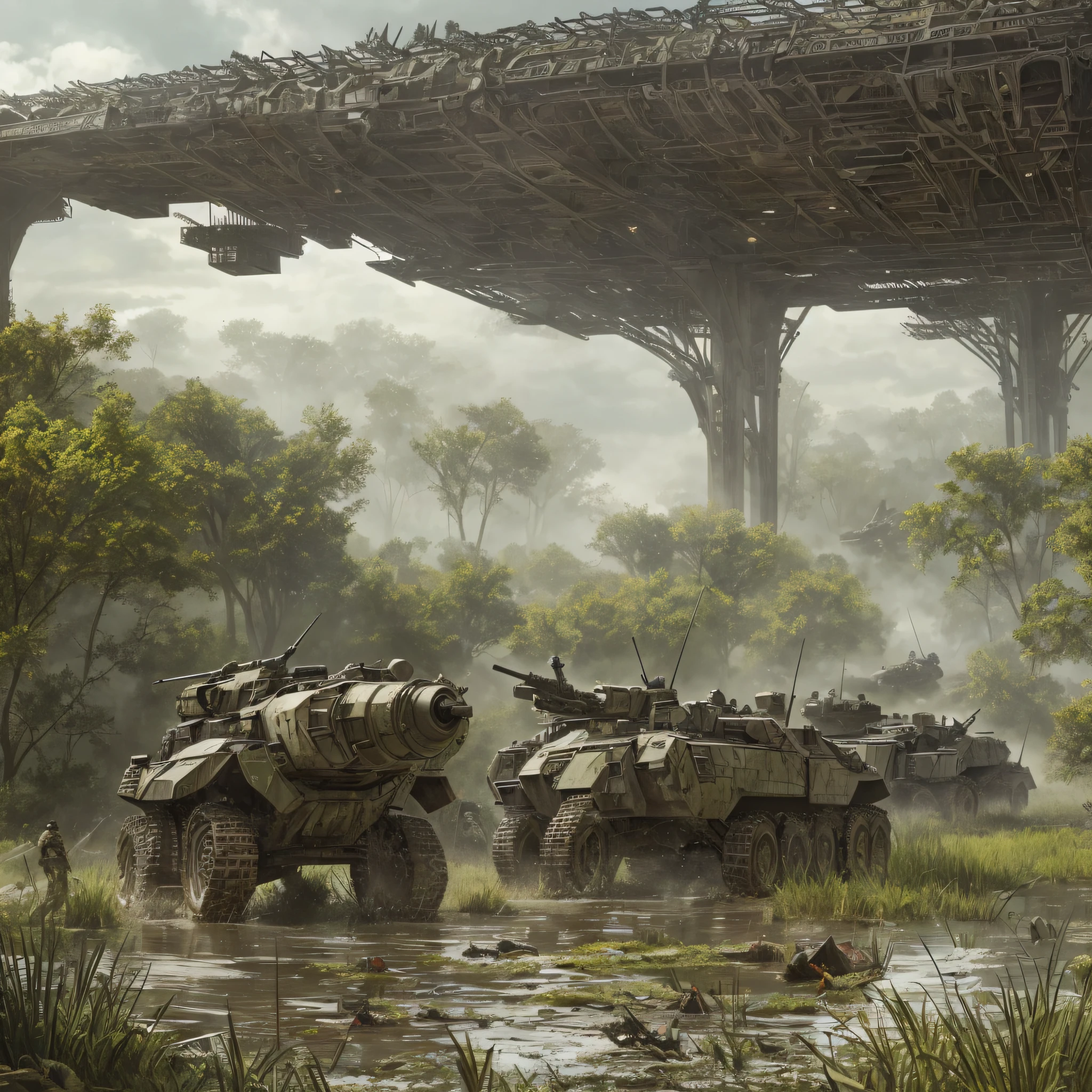 Detailed scene with many extremely detailed and sharp details, battlefield in a swamp surrounded by many futuristic soldiers and mercenaries fighting each other, extremely high details throughout the scene, hyper-detailed battle scene, extensive cinematic scene, intense combat, extremely detailed weapons and armor, show an incredibly detailed movie scene with a lot of detail. --auto --s2