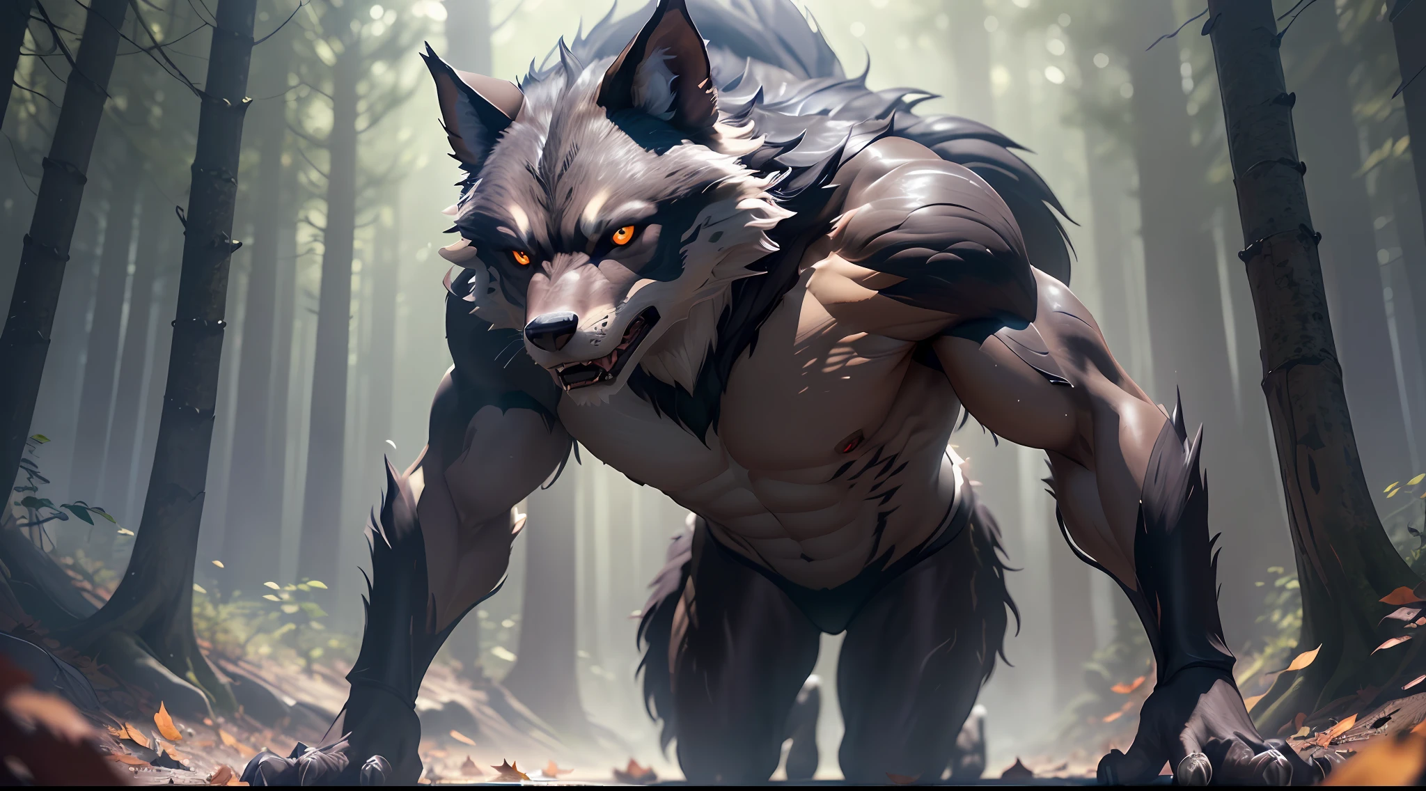 (extremely detailed CG unity 8k, masterpiece, best quality, ultra-detailed), best lighting, perfect shadow, extremely delicate and beautiful, dynamic action, striking pose, (1 young werewolf), black hair, red eyes, long snout, sharp fangs, dense forest background, pale moonlights, mysterious fog, background with fallen leaves, shadow effects, light, realistic.