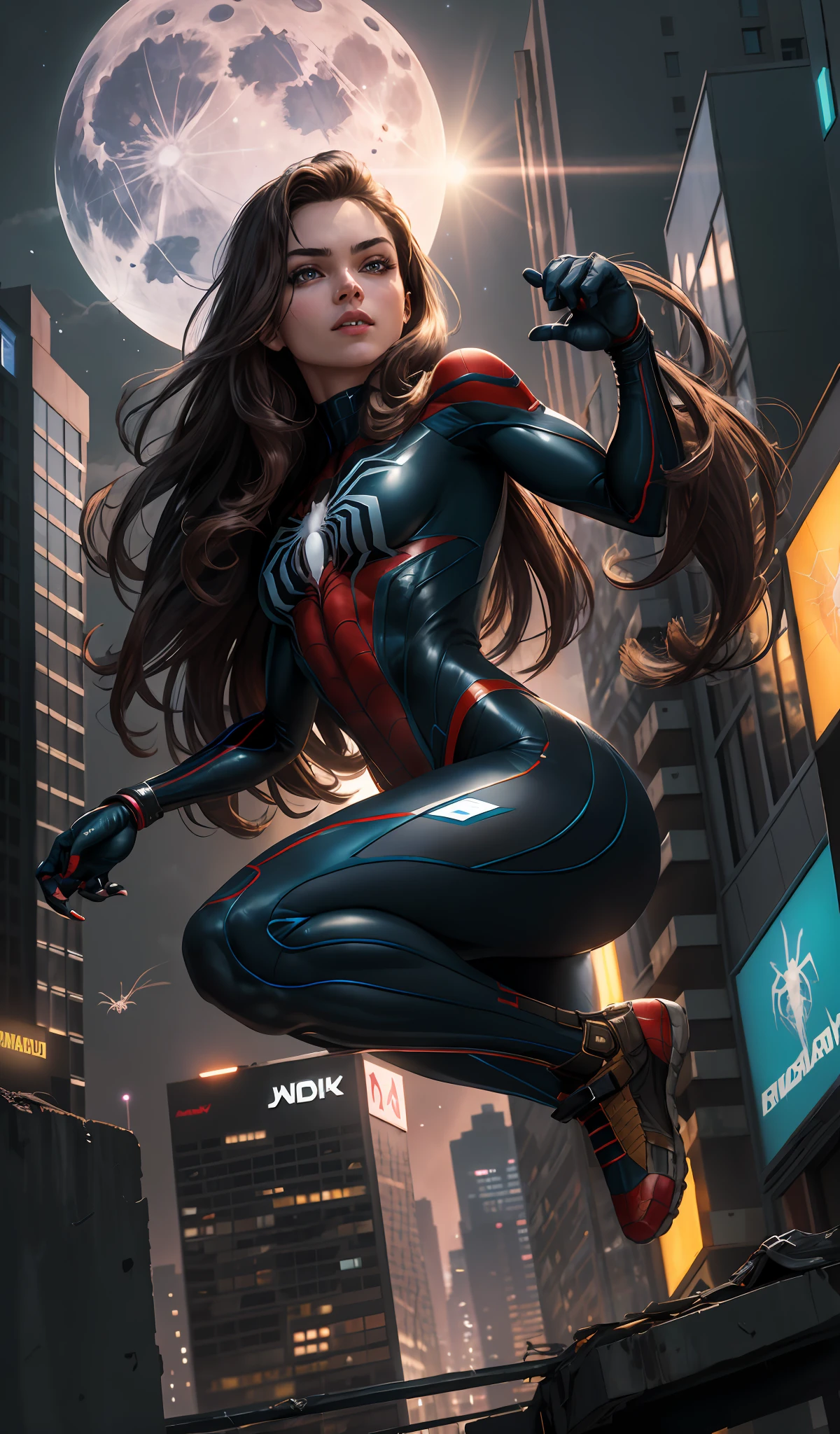 (Masterpiece, 4k resolution, ultra-realistic, very detailed), (Black and blue superhero theme, charismatic, there's a girl on top of town, wearing Spider-Man costume, with street wear, she's a superhero), [ ((19 years), (long brown hair:1.2), full body, (dark brown eyes:1.2), ((Spider-Man pose),show of strength, jumping from one building to another), ((cyberpunk urban environment):0.8)| (cityscape, at night, dynamic lights), (full moon))] # Explanation: The Prompt mainly describes a 4K painting of ultra-high definition, very realistic, very detailed. It shows a superheroine at the top of the city, wearing a Spider-Man costume. The theme in the painting is a black and blue superhero theme, the female protagonist has long brown hair, is 19 years old and her entire body is shown in the painting. In terms of portraying the actions of superheroines, spiders are employed