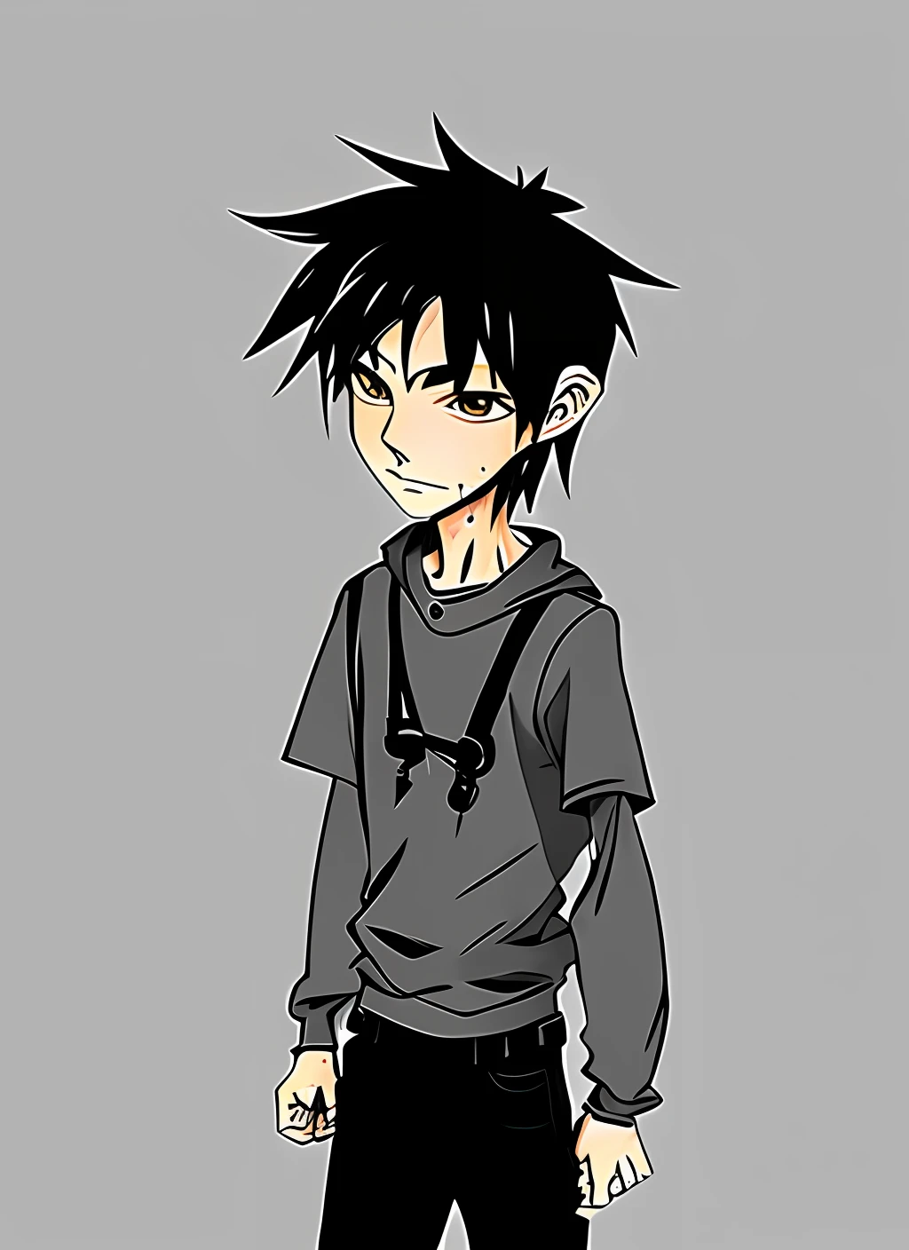 1 boy, black T-shirt, long black hair, pants with belt and a dagger, machete on the back, scar on the face, manga, man