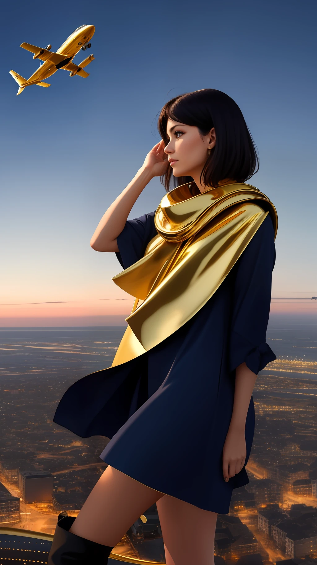 The image must have a lot of gold and navy blue, a woman looking at a gold and navy blue plane that is already in the air and she is in a scene of destruction where she is