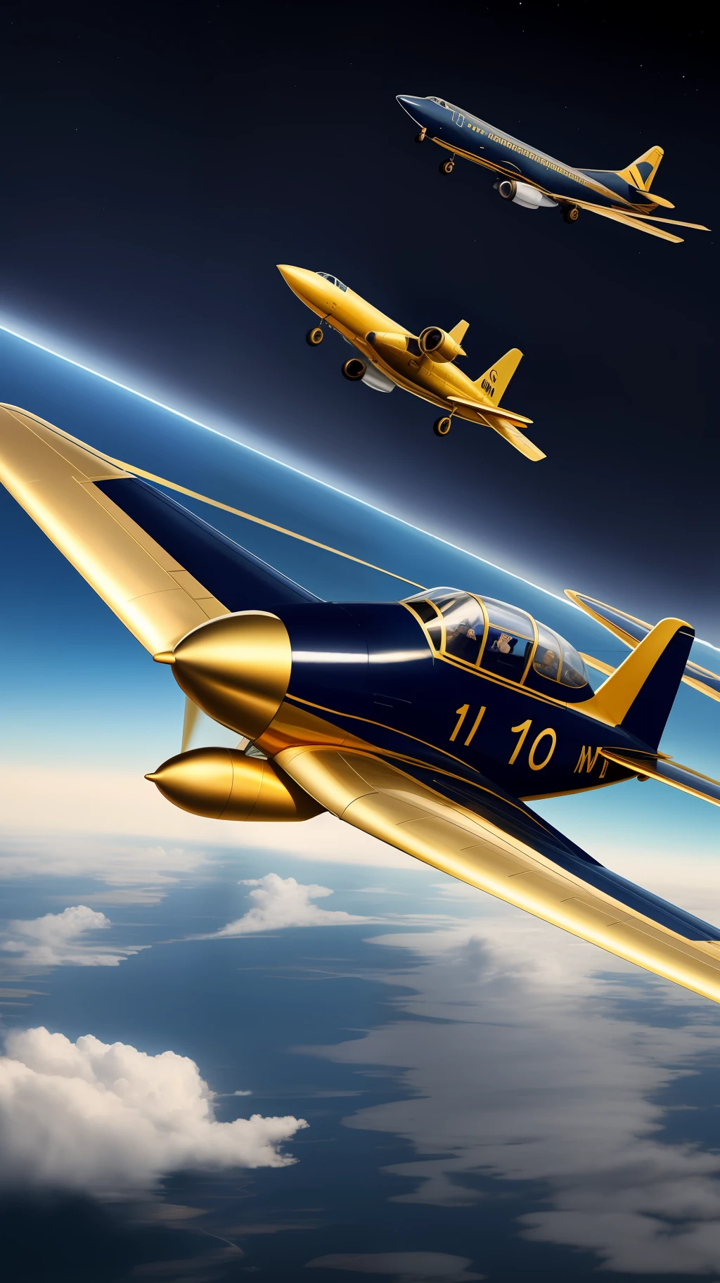 The image must have a lot of gold and navy blue, a woman looking at a gold and navy blue plane that is already in the air and she is in a scene of destruction where she is