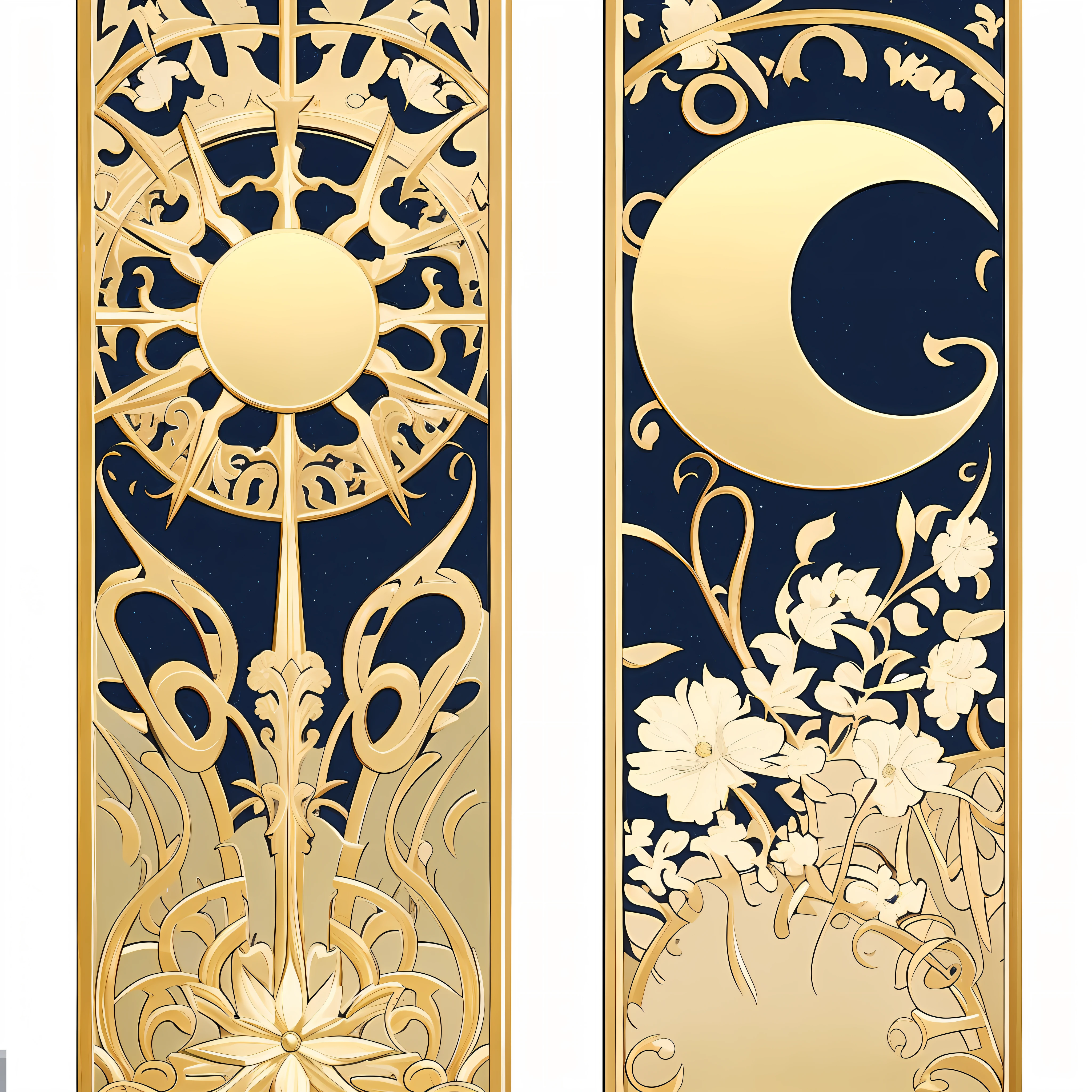 vector art,design,there are two panels with gold designs on them that are very decorative, intricately detailed engravings, anime art nouveau cosmic display, golden inlays, intricate art nouveau, mucha tiffany kilian eng, intricate art deco pasta designs, maximalist art nouveau, art nouveau accents, hyperrealistic art nouveau, art nouveau design elements, intricate gold elements, art nouveau aesthetic
