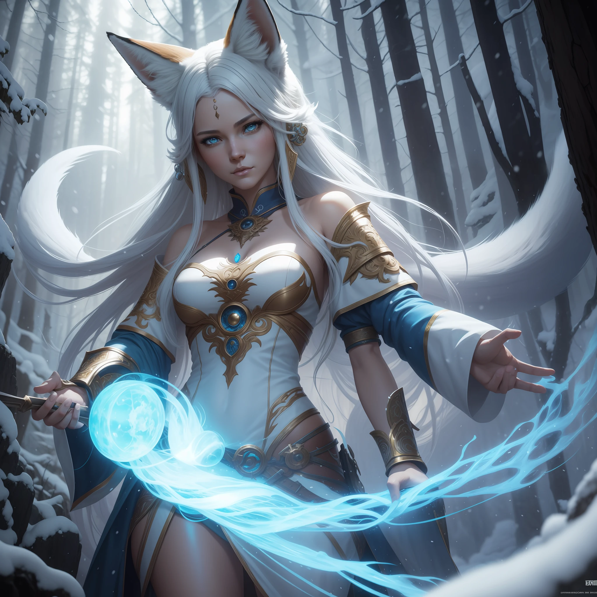 A beautiful woman ((fox)), nine-tailed ktsune in bluish skin with white tones and ultra-realistic beautiful snow-colored hair, blonde hair, hollow eyes, hollow eyes, animal ears, food on face, Surrealism, Hyperrealism , jpeg artifacts, UHD, masterpiece, anatomically correct, curate, super detail, high details, high quality, high details, highres, 8k, Greg Rutkowski, , fantastic, intricate detail, fantasy concept art, deviant art masterpiece, cinematic.