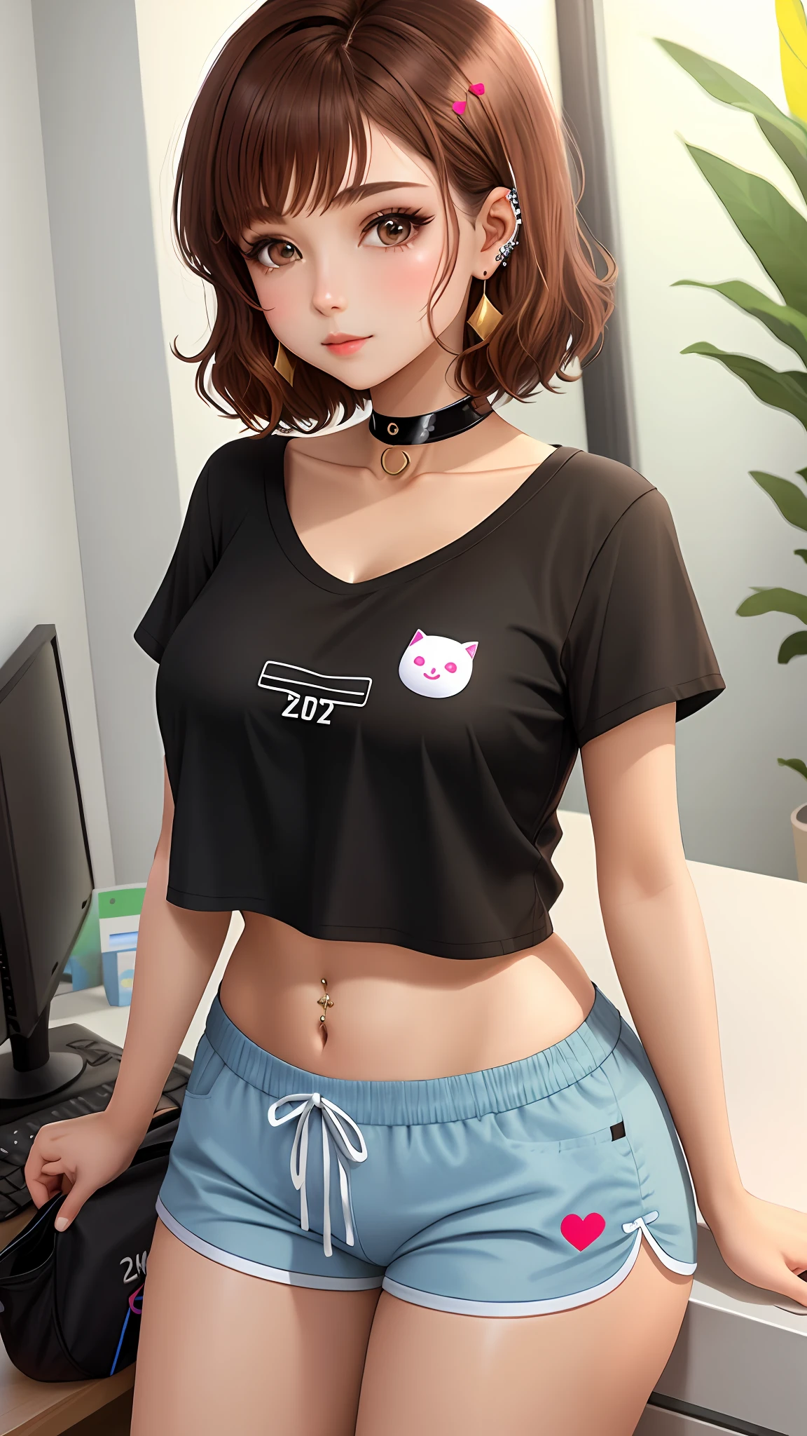 Solo, best quality, girl,20 years,short brown hair,straight hair,short woman,thick thighs,legs,thick,wide hips,big ass,big breasts,heavy bust,thin waist,looking at viewer, short pajama shorts, tight shorts, white shirt be short sleeve,tight shirt,neckline,ear piercing,belly button piercing,black collar,cheek sticker