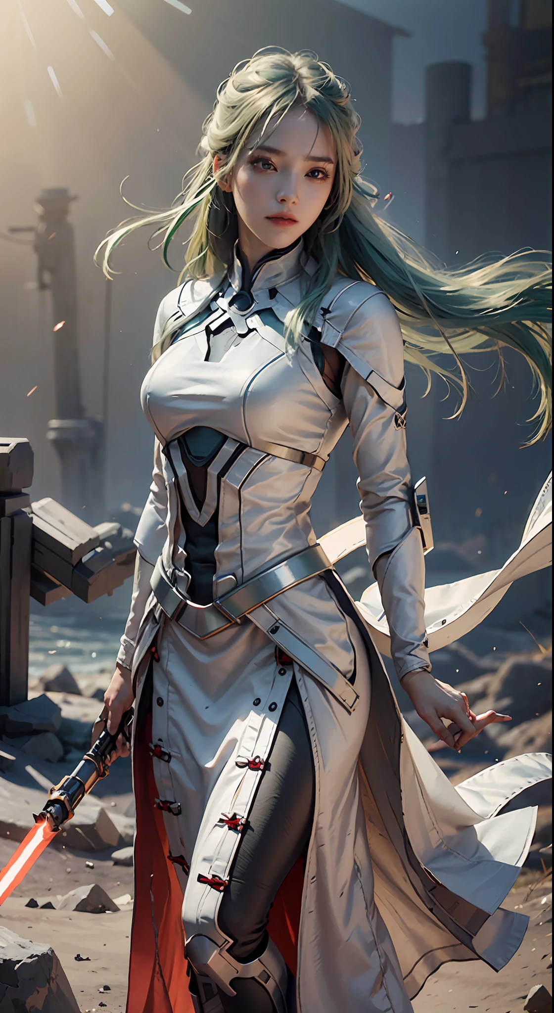 (Reality: 1.4), (RAW Photo, Best Quality), (Realistic, Photorealistic Photo: 1.3), Best Quality, Highly Detailed, Masterpiece, Hyperdetail, Illustration, 1 Girl, Made Human, Smile, Green Hair, Pale Green Clothes, Red, Holding a White Lightsaber, Lightsaber Dance, upper_body, Dynamic Angle, World Mastery Theater, Flying Long Hair , Fluores cent Red, dynamic fire inbackground, best quality, extremely detailed CG unified 8k wallpaper, ink, amazing, cinematic lighting, lens_flare, wuxia_style