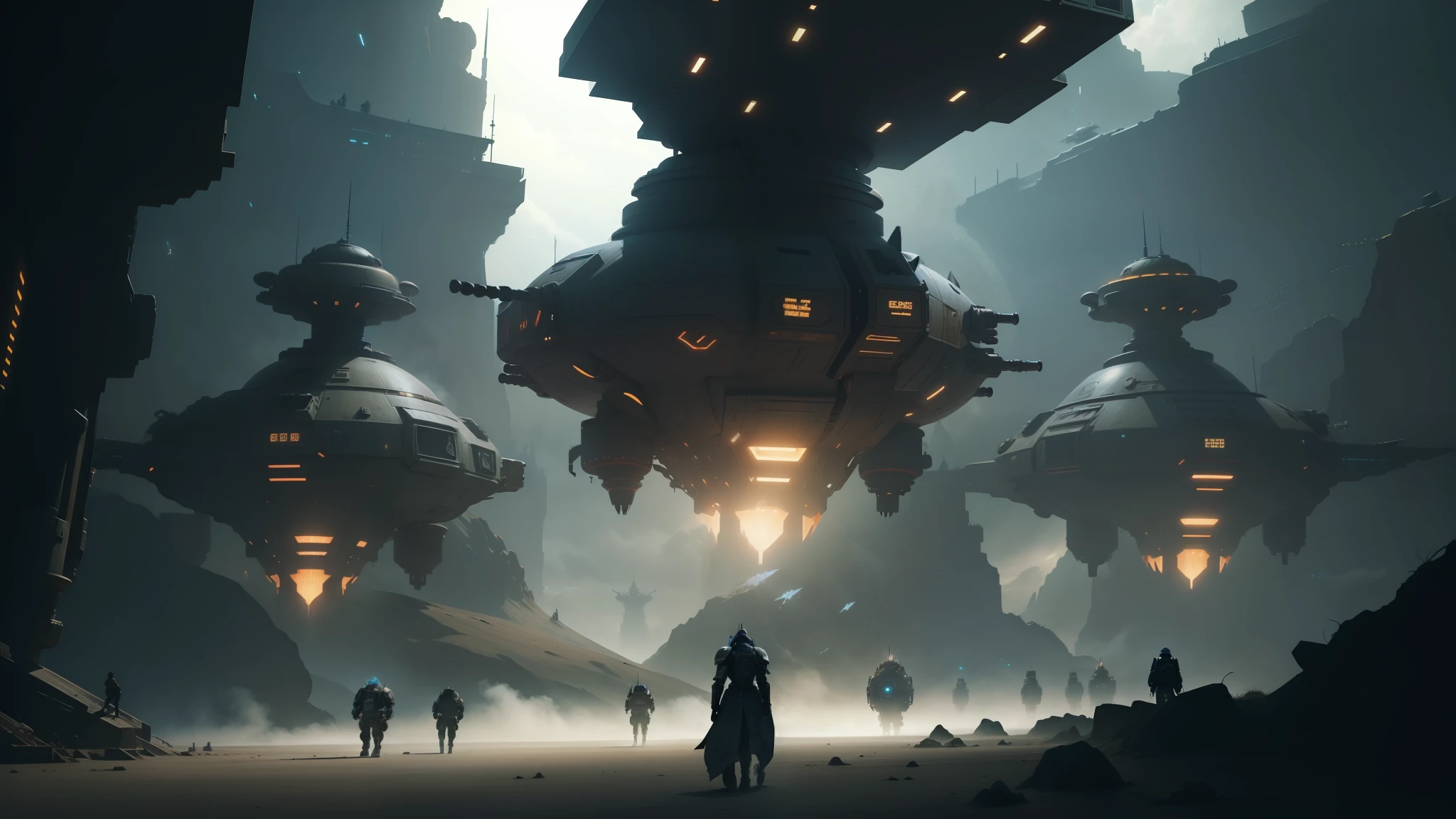 futuristic city with a person walking in front of it, in an arena in movie dune-2021, flying in formation, futuristic vehicles, greig fraser cinematography, by Raymond Swanland, star destroyers, many beings walking about, anamorphic widescreen, afro futuristic, zoids, anamorphic lens flares, warhammer 40000 in islam --auto --s2