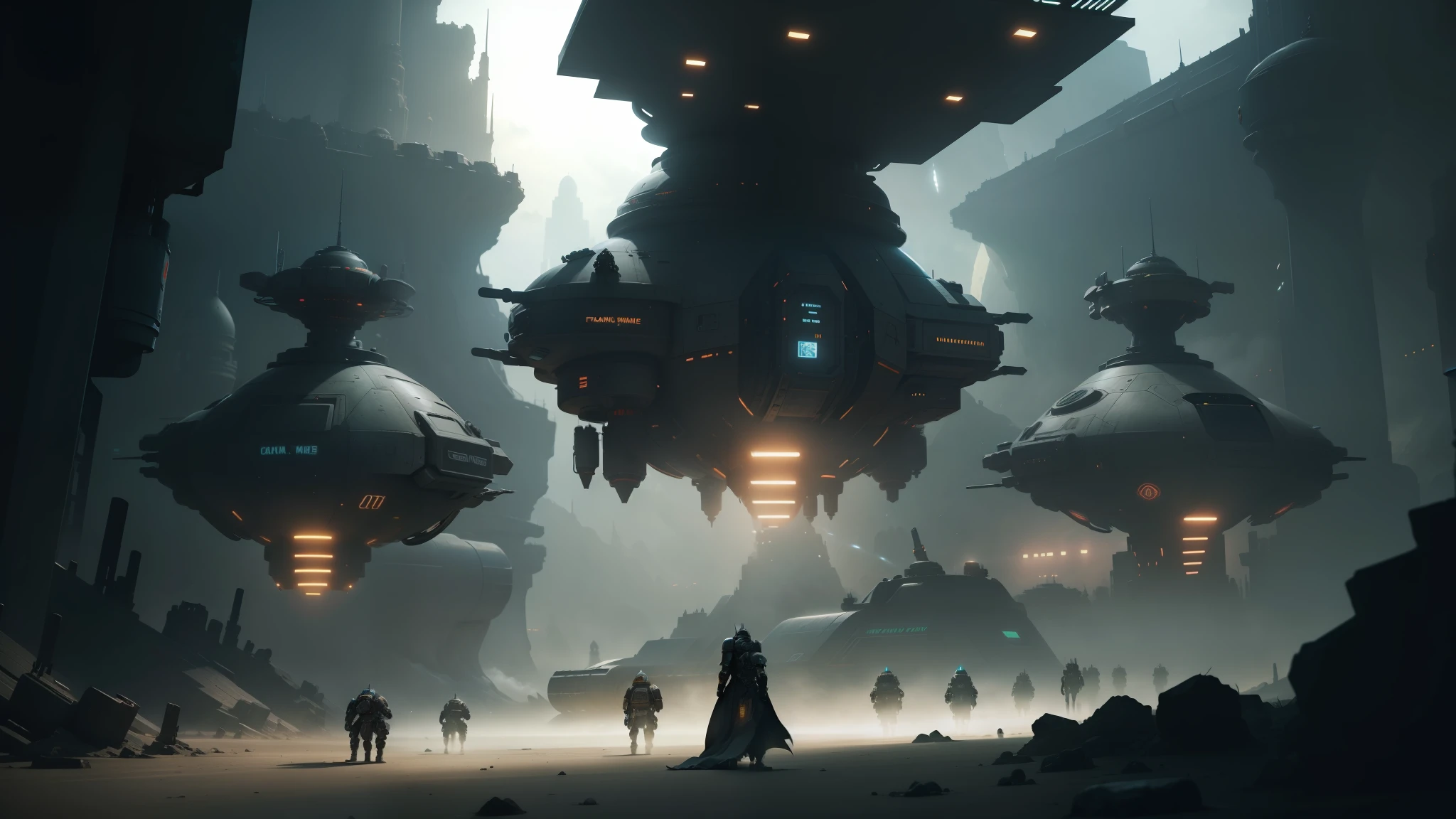 futuristic city with a person walking in front of it, in an arena in movie dune-2021, flying in formation, futuristic vehicles, greig fraser cinematography, by Raymond Swanland, star destroyers, many beings walking about, anamorphic widescreen, afro futuristic, zoids, anamorphic lens flares, warhammer 40000 in islam --auto --s2