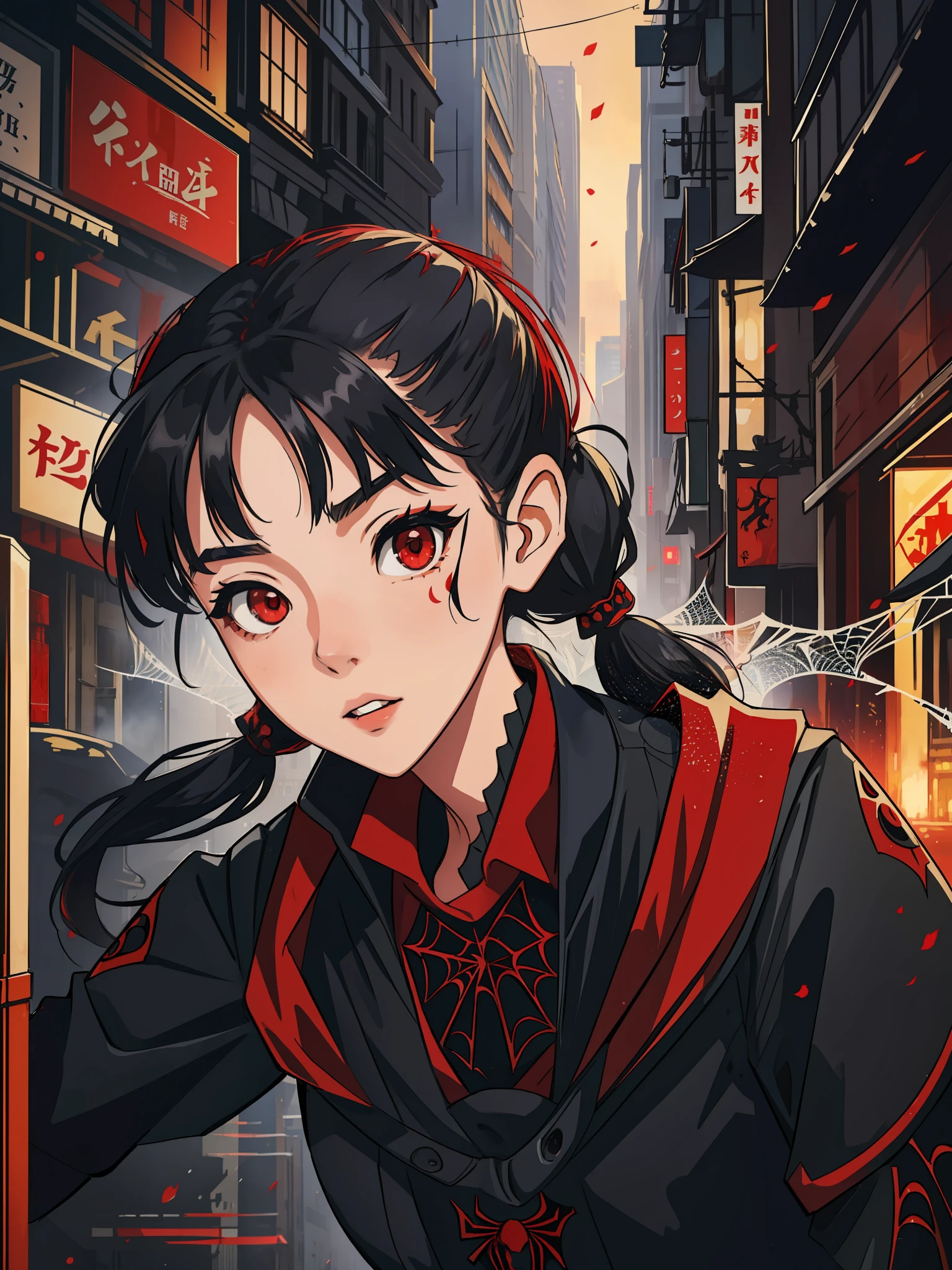 (masterpiece, best quality), intricate details, 8k, artstation, wallpaper, official art, splash art, sharp focus,
1girl, Nakiri Ayame, twin tails, red eyes, black hair,
spider suit, spider web printing, spider web,
skyscrapers, city, buildings, cars, street,
