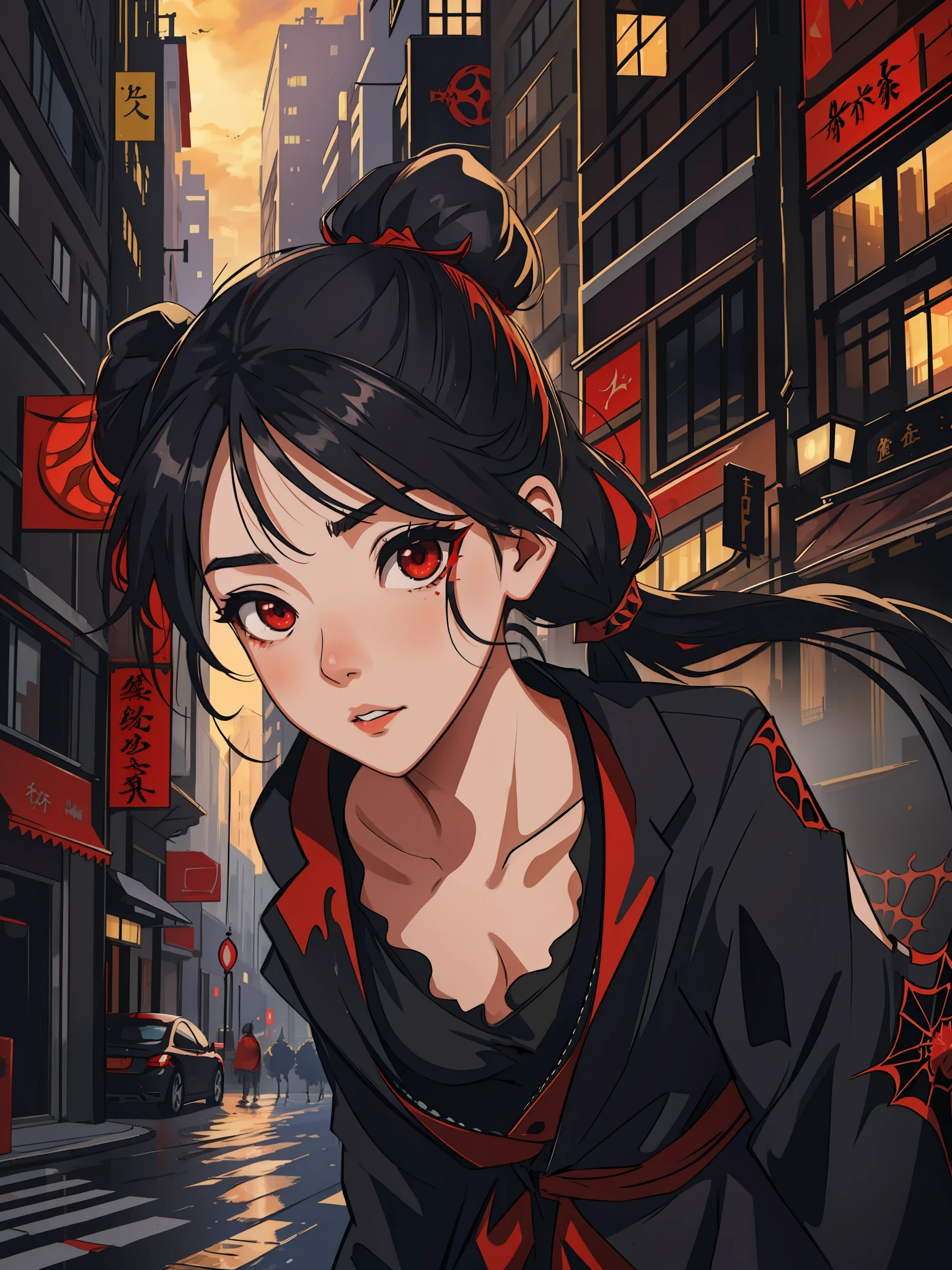 (masterpiece, best quality), intricate details, 8k, artstation, wallpaper, official art, splash art, sharp focus,
1girl, Nakiri Ayame, twin tails, red eyes, black hair,
spider suit, spider web printing, spider web,
skyscrapers, city, buildings, cars, street,