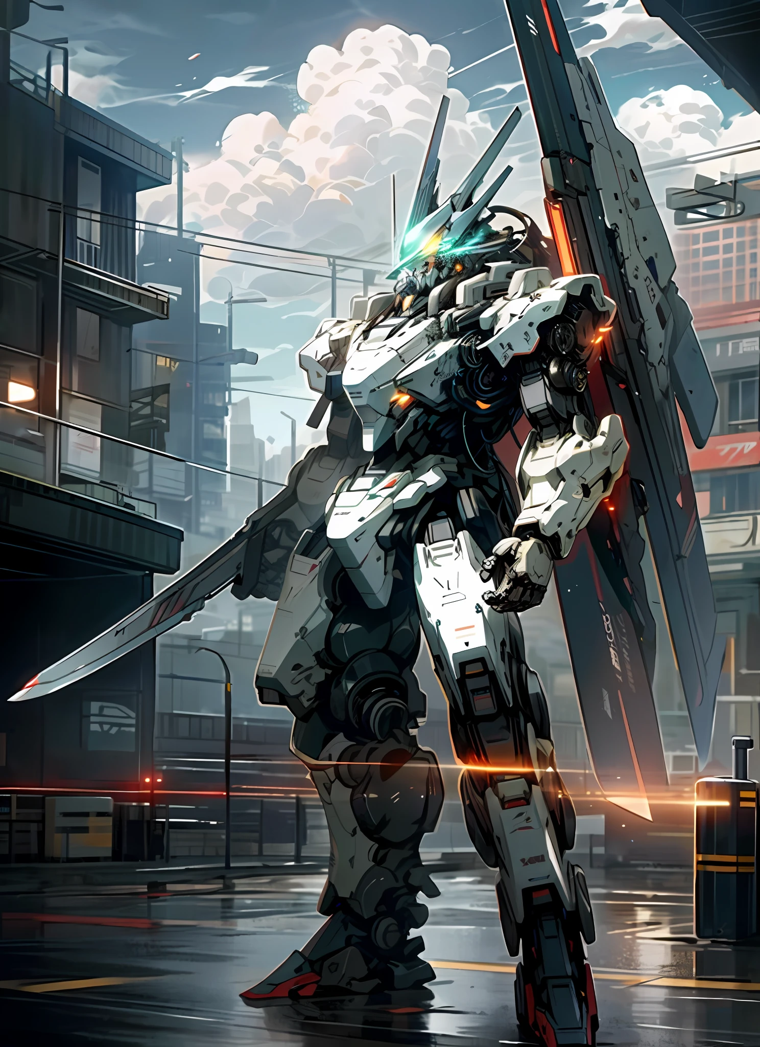 Sky, Clouds, holding_weapon, no_humans, Glow, Robot, Full Body, Architecture, glowing_eyes, Mecha, Science Fiction, City, Reality, Mecha