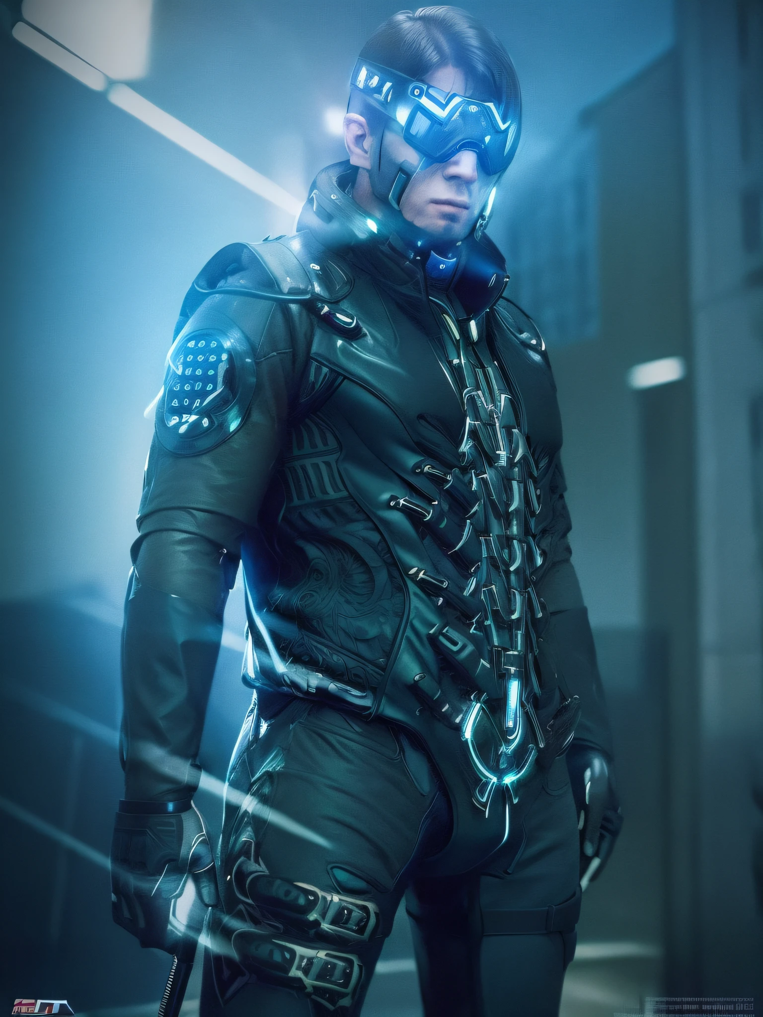 ((Best Quality)), ((Masterpiece)), (High Definition:1.3), 3D,rfktr_technotrex,Goggles, City Reflected in Goggles, Long-haired Cyberpunk Man, Leather Black Jumper with Cyberpunk Gadgets, Super Resolution, Unreal Engine 5, Cyberpunk Night City, 8k, RAW