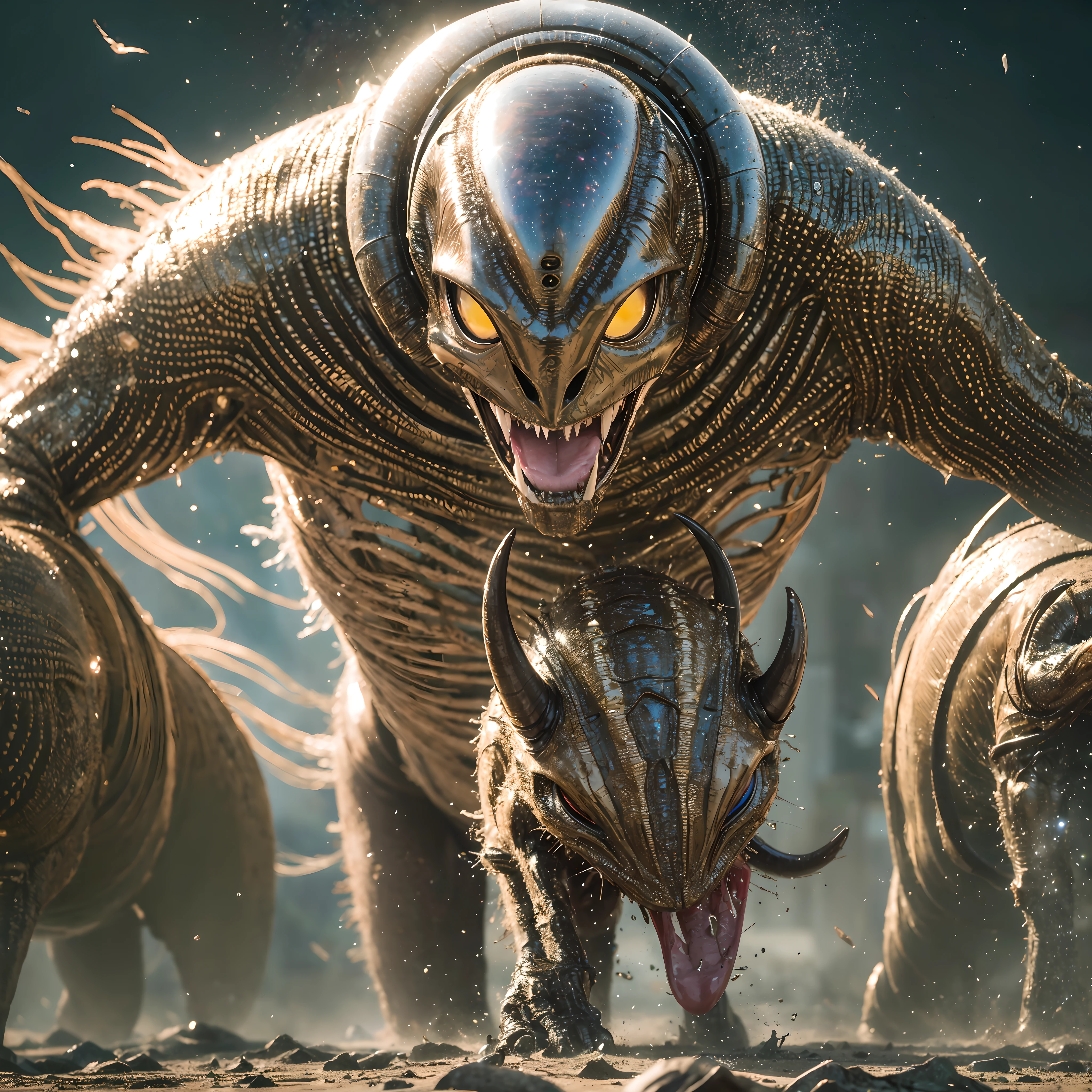 Ultra-realistic, alien and beautiful woman fight fiercely, beauty fight to death, bleeding heavily, female body eaten by alien, high image quality, 8k, 32k, f1.8, cruel