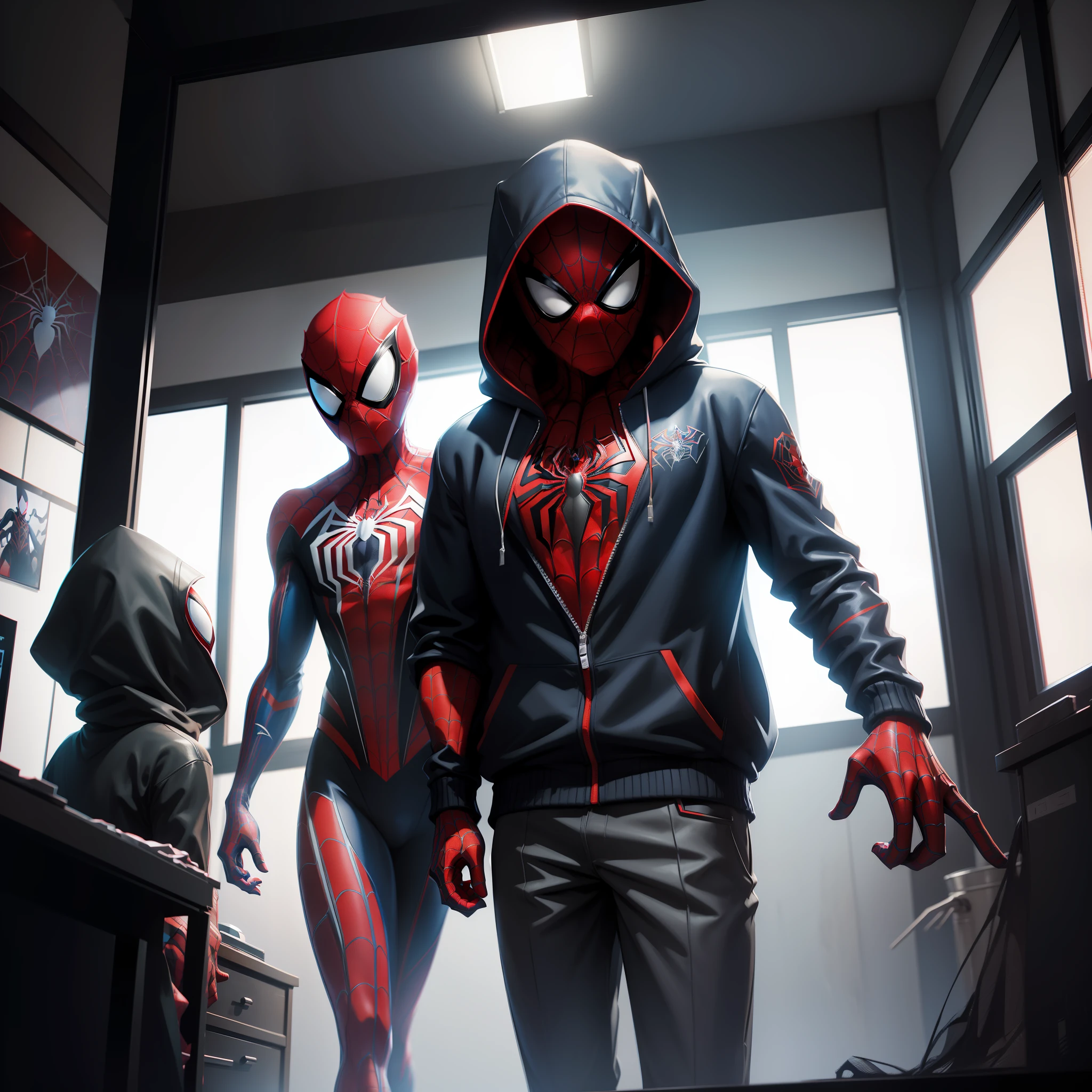 spider - man and spider - man in a dark room, spider - verse art style, into the spiderverse, spiderverse, into the spider verse, futuristic style spiderman, miles morales!!!, 3840 x 2160, 3840x2160, miles morales, hq 4k wallpaper, rendered in sfm, super detailed render
