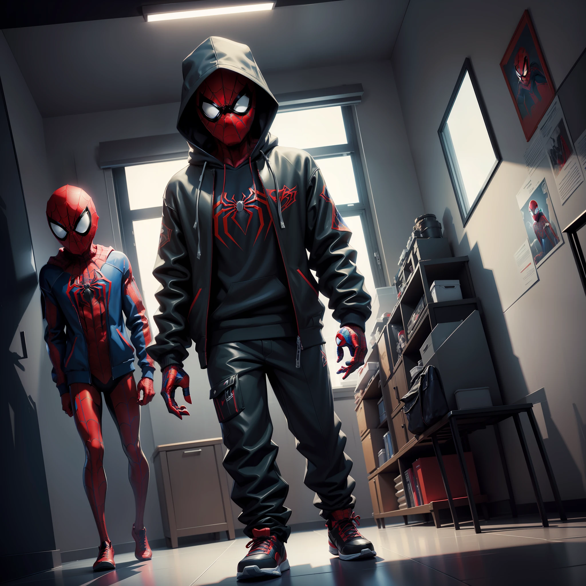 spider - man and spider - man in a dark room, spider - verse art style, into the spiderverse, spiderverse, into the spider verse, futuristic style spiderman, miles morales!!!, 3840 x 2160, 3840x2160, miles morales, hq 4k wallpaper, rendered in sfm, super detailed render