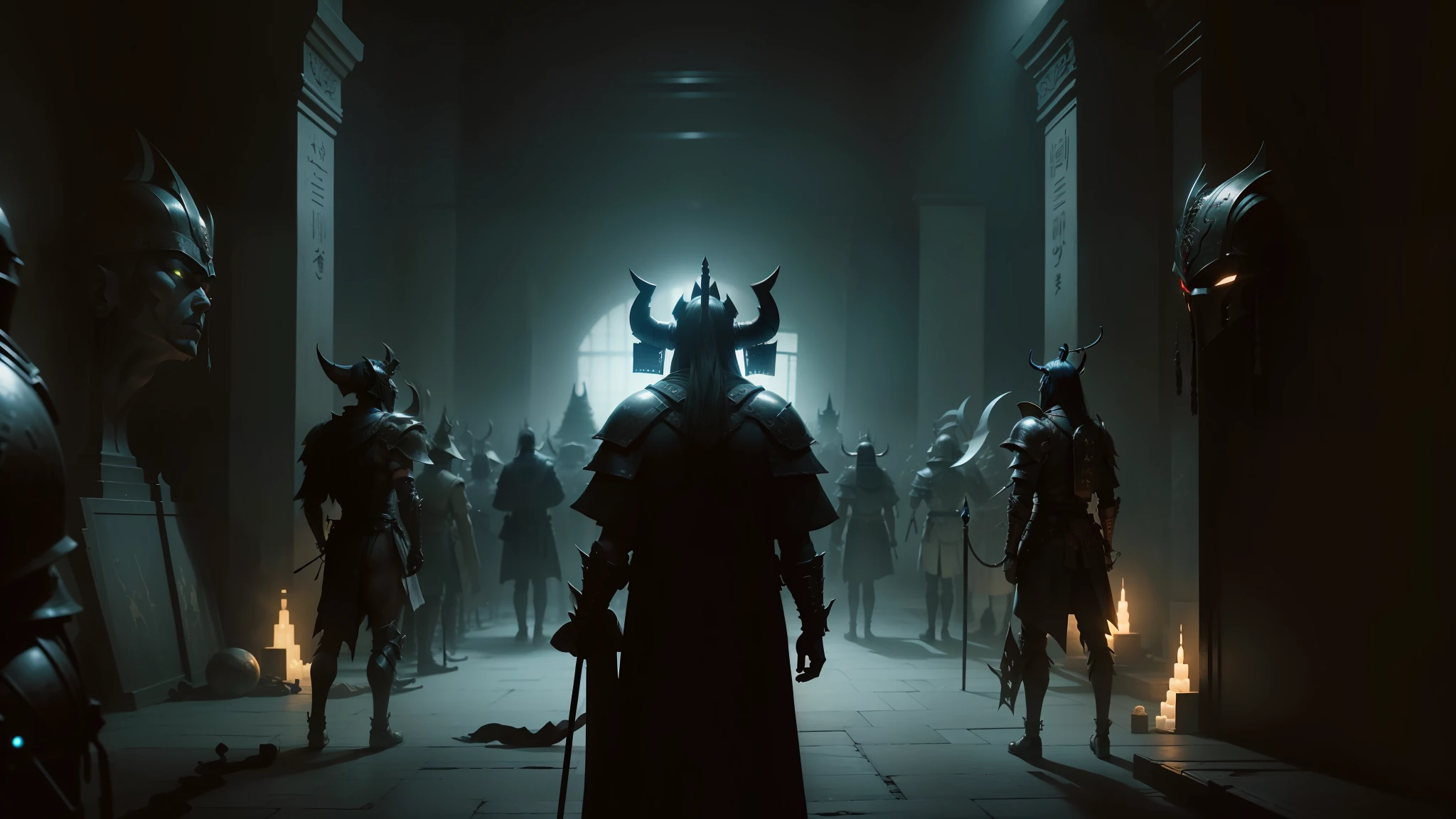 a close up of a person in a dark room with many other people, wearing samurai armor, official trailer, dark fantasy city, standing in a large empty hall, pharaoh, by Shūbun Tenshō, metal brain, science fiction scene, in a horned helmet, at the dawn of time --auto --s2