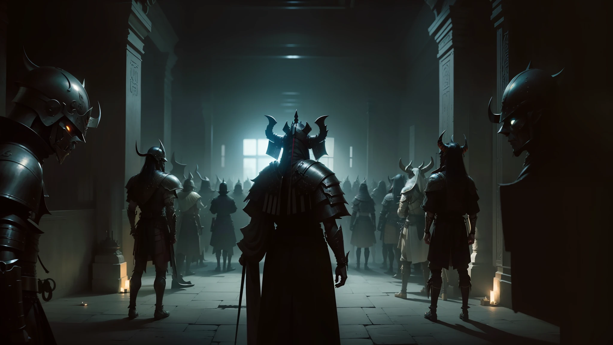 a close up of a person in a dark room with many other people, wearing samurai armor, official trailer, dark fantasy city, standing in a large empty hall, pharaoh, by Shūbun Tenshō, metal brain, science fiction scene, in a horned helmet, at the dawn of time --auto --s2