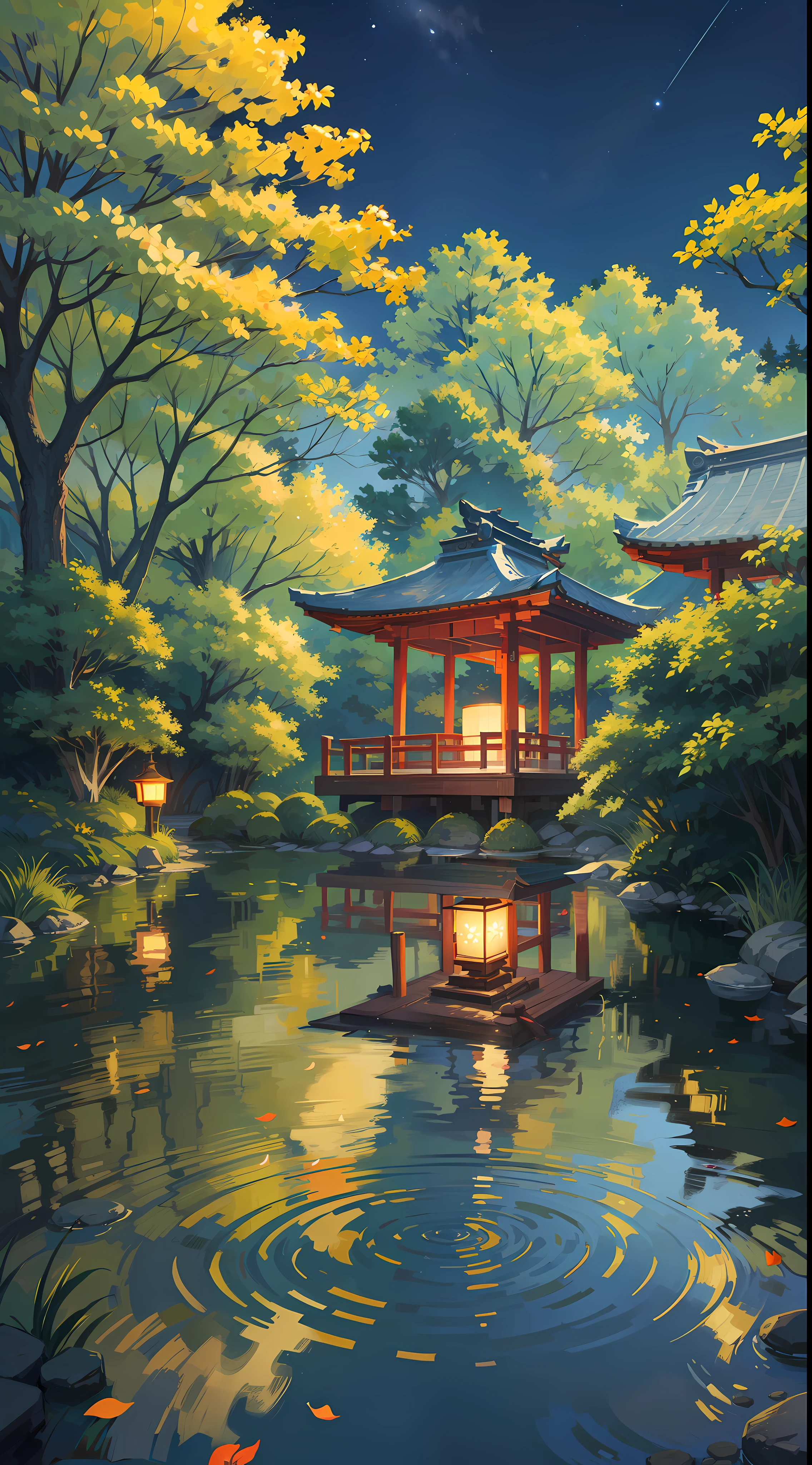 A nightscape inspired by Japanese art, with a garden lit by paper lanterns and a wooden bridge over a tranquil lake. The starry sky is reflected in the water, creating a magical environment. On the shore of the lake, there is a small Zen temple lit by candles, where people come to meditate. The leaves of the trees sway gently in the wind, creating a calm and tranquil atmosphere.