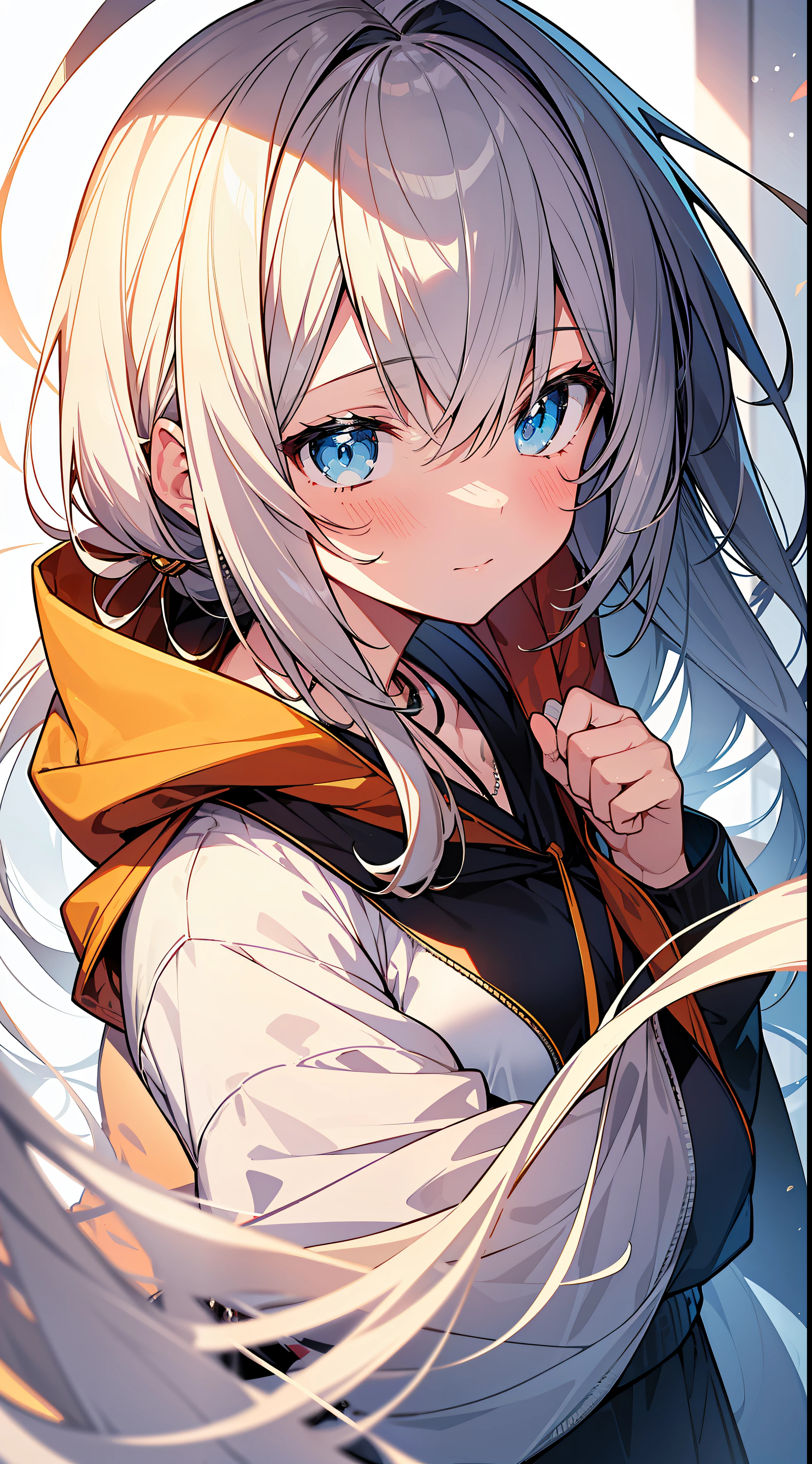 Top Quality, Masterpiece, High Resolution, 8k, Hoodie and Anime Style Girl, One Girl, Detailed Line Art, Bright White and Bright Amber Style, Digital Enhancement, Close Up, Anime Core, Flowing Fabric