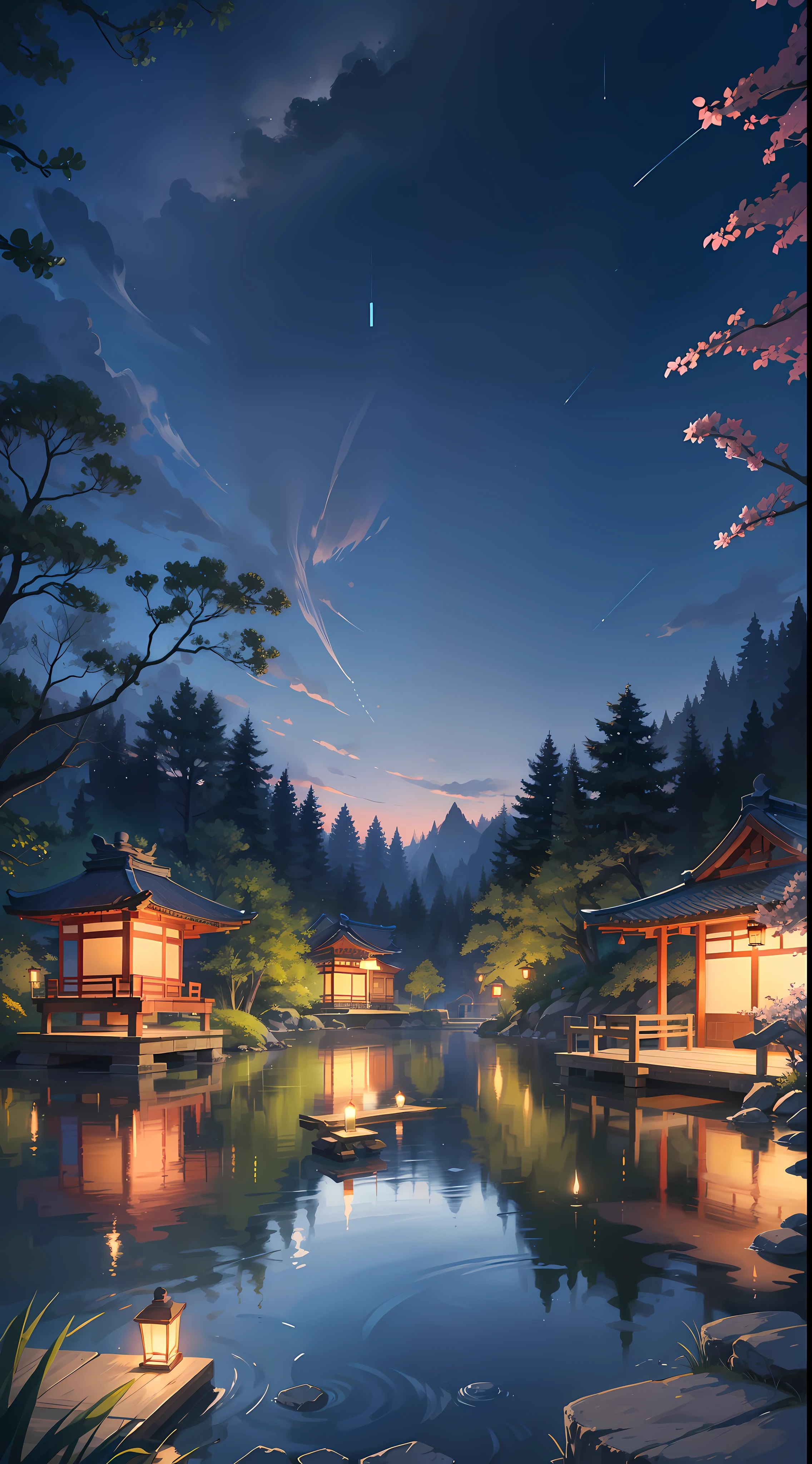 A nightscape inspired by Japanese art, with a garden lit by paper lanterns and a wooden bridge over a tranquil lake. The starry sky is reflected in the water, creating a magical environment. On the shore of the lake, there is a small Zen temple lit by candles, where people come to meditate. The leaves of the trees sway gently in the wind, creating a calm and tranquil atmosphere.