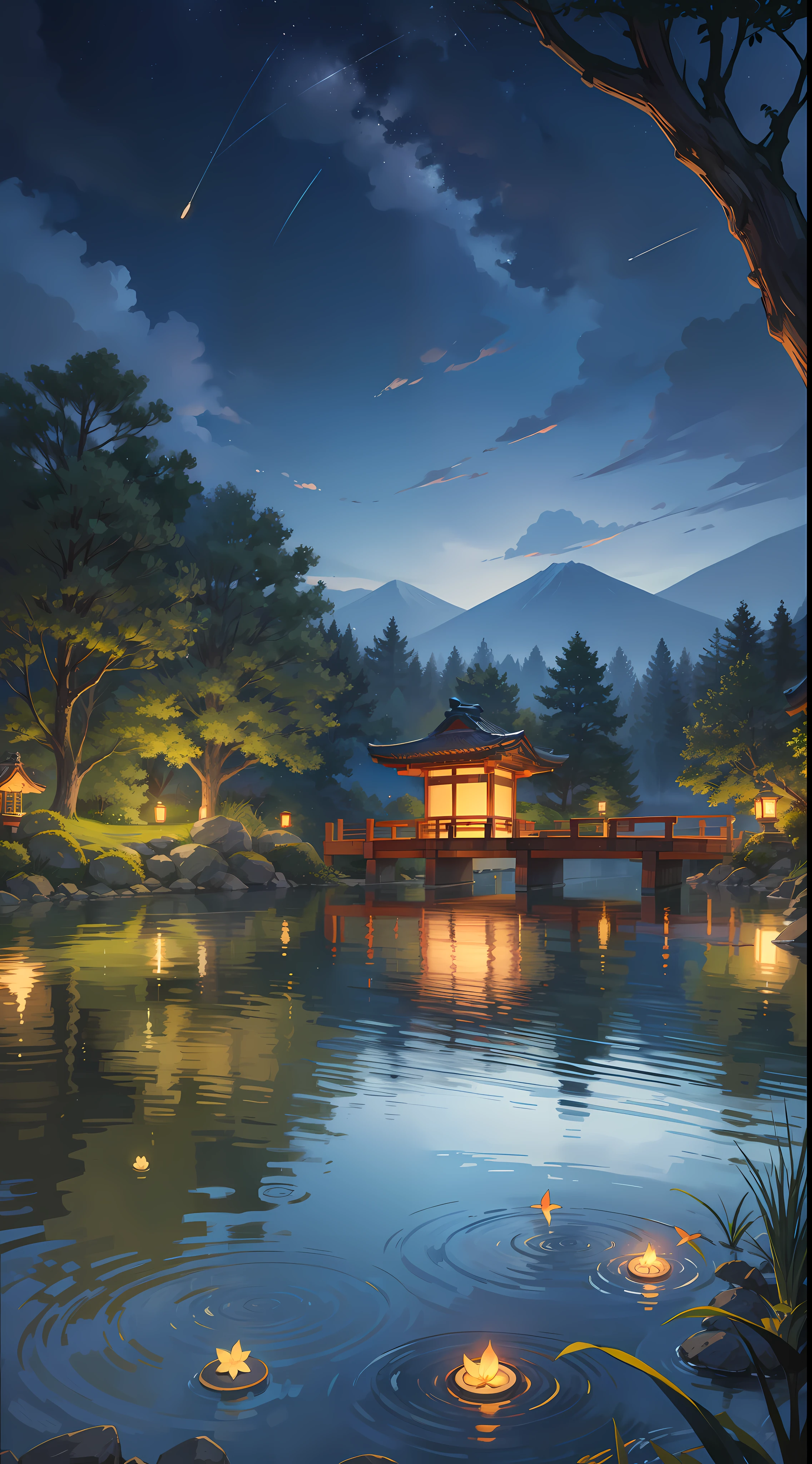 A nightscape inspired by Japanese art, with a garden lit by paper lanterns and a wooden bridge over a tranquil lake. The starry sky is reflected in the water, creating a magical environment. On the shore of the lake, there is a small Zen temple lit by candles, where people come to meditate. The leaves of the trees sway gently in the wind, creating a calm and tranquil atmosphere.